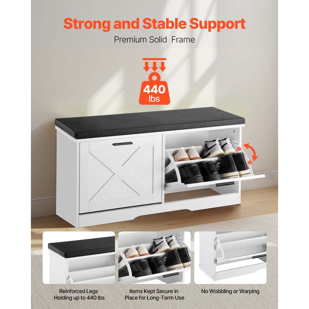Πάγκος αποθήκευσης παπουτσιών VEVOR εισόδου, 1000 x 305 x 475 mm οργάνωση παπουτσιών με αναδιπλούμενα συρτάρια, στενός πάγκος παπουτσιών 440lbs με μαξιλάρι και αναδιπλούμενες πόρτες, για διάδρομο, σαλόνι, υπνοδωμάτιο, μαύρο + λευκό Πάγκος αποθήκευσης παπουτσιών VEVOR εισόδου, 1000 x 305 x 475 mm οργάνωση παπουτσιών με αναδιπλούμενα συρτάρια, στενός πάγκος παπουτσιών 440lbs με μαξιλάρι και αναδιπλούμενες πόρτες, για διάδρομο, σαλόνι, υπνοδωμάτιο, μαύρο + λευκό