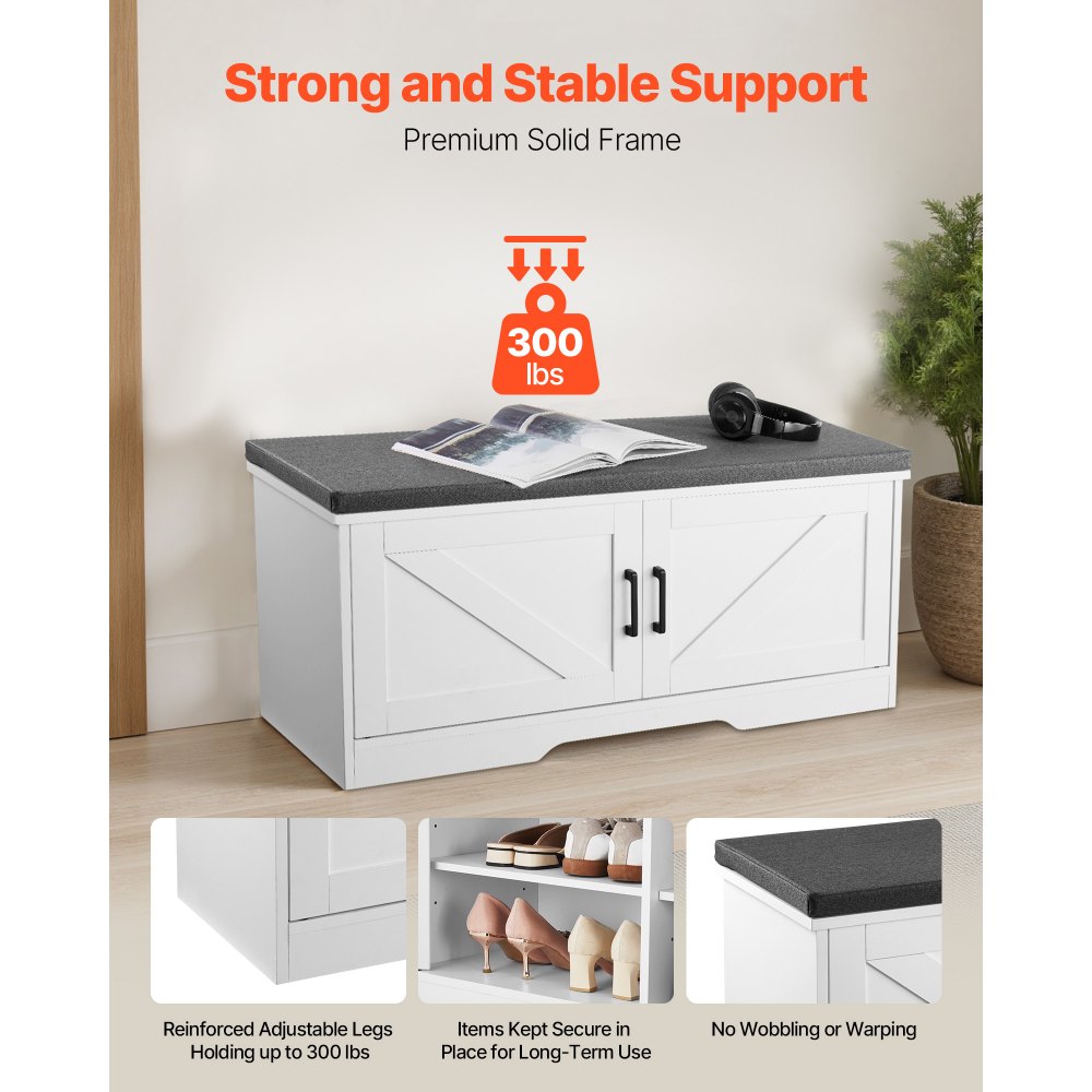 Πάγκος αποθήκευσης παπουτσιών VEVOR, Οργανωτής παπουτσιών 1000 x 355 x 460 mm με επενδεδυμένο μαξιλάρι καθίσματος, Πάγκος εισόδου με 2 πόρτες αχυρώνα και ράφι ρυθμιζόμενου ύψους, για διάδρομο, σαλόνι, υπνοδωμάτιο, λευκό + μαύρο Πάγκος αποθήκευσης παπουτσιών VEVOR, Οργανωτής παπουτσιών 1000 x 355 x 460 mm με επενδεδυμένο μαξιλάρι καθίσματος, Πάγκος εισόδου με 2 πόρτες αχυρώνα και ράφι ρυθμιζόμενου ύψους, για διάδρομο, σαλόνι, υπνοδωμάτιο, λευκό + μαύρο