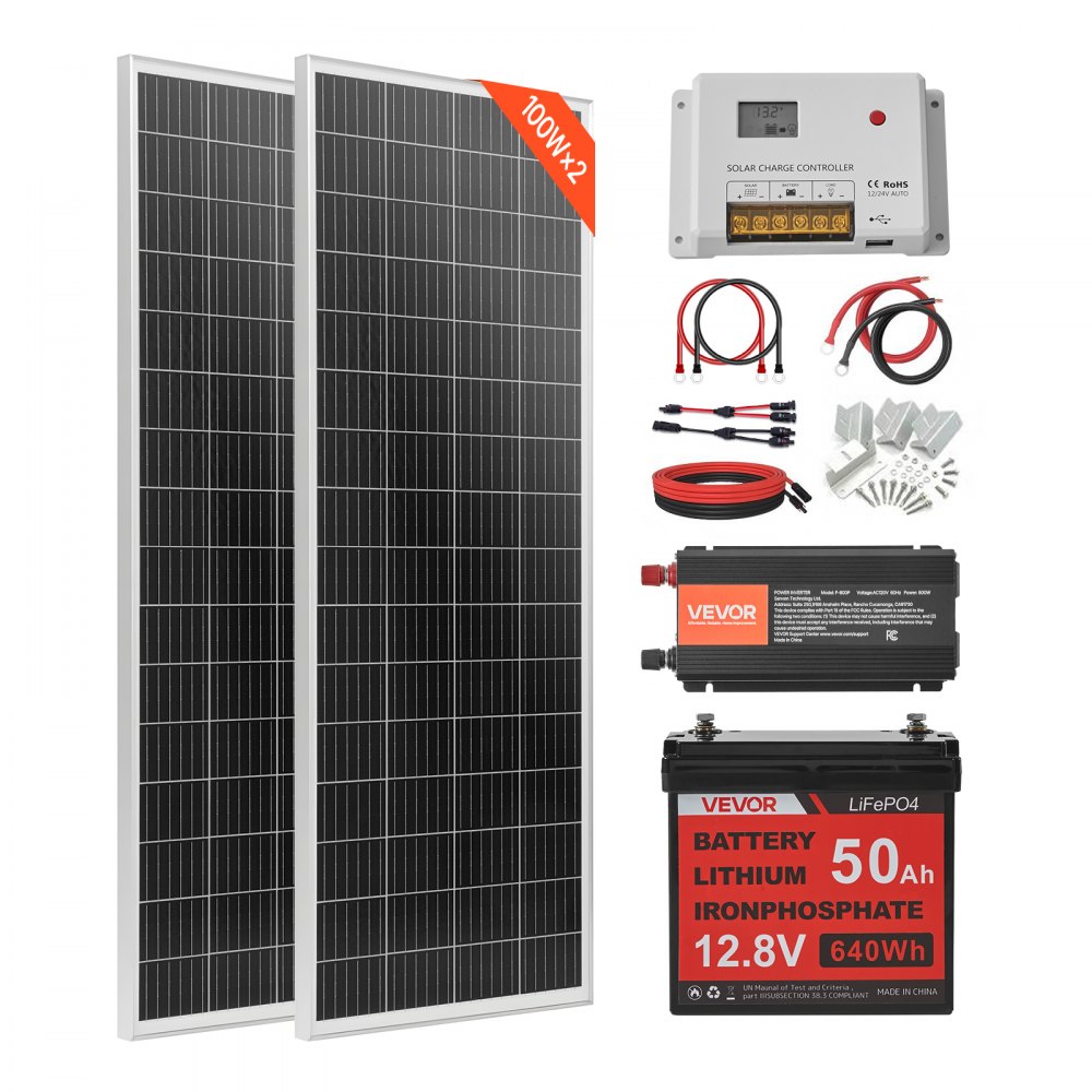 Πλήρες κιτ ηλιακής ενέργειας VVEVOR 200W 12V, 2 τεμάχια μονοκρυσταλλικά ηλιακά πάνελ 100W + μπαταρία LiFePO₄ 12,8V 50Ah + ρυθμιστής φόρτισης 40A + μετατροπέας ισχύος 800W, ιδανικό για τροχόσπιτο, σπίτι, κάμπινγκ, σκάφος, εκτός δικτύου Πλήρες κιτ ηλιακής ενέργειας VVEVOR 200W 12V, 2 τεμάχια μονοκρυσταλλικά ηλιακά πάνελ 100W + μπαταρία LiFePO₄ 12,8V 50Ah + ρυθμιστής φόρτισης 40A + μετατροπέας ισχύος 800W, ιδανικό για τροχόσπιτο, σπίτι, κάμπινγκ, σκάφος, εκτός δικτύου