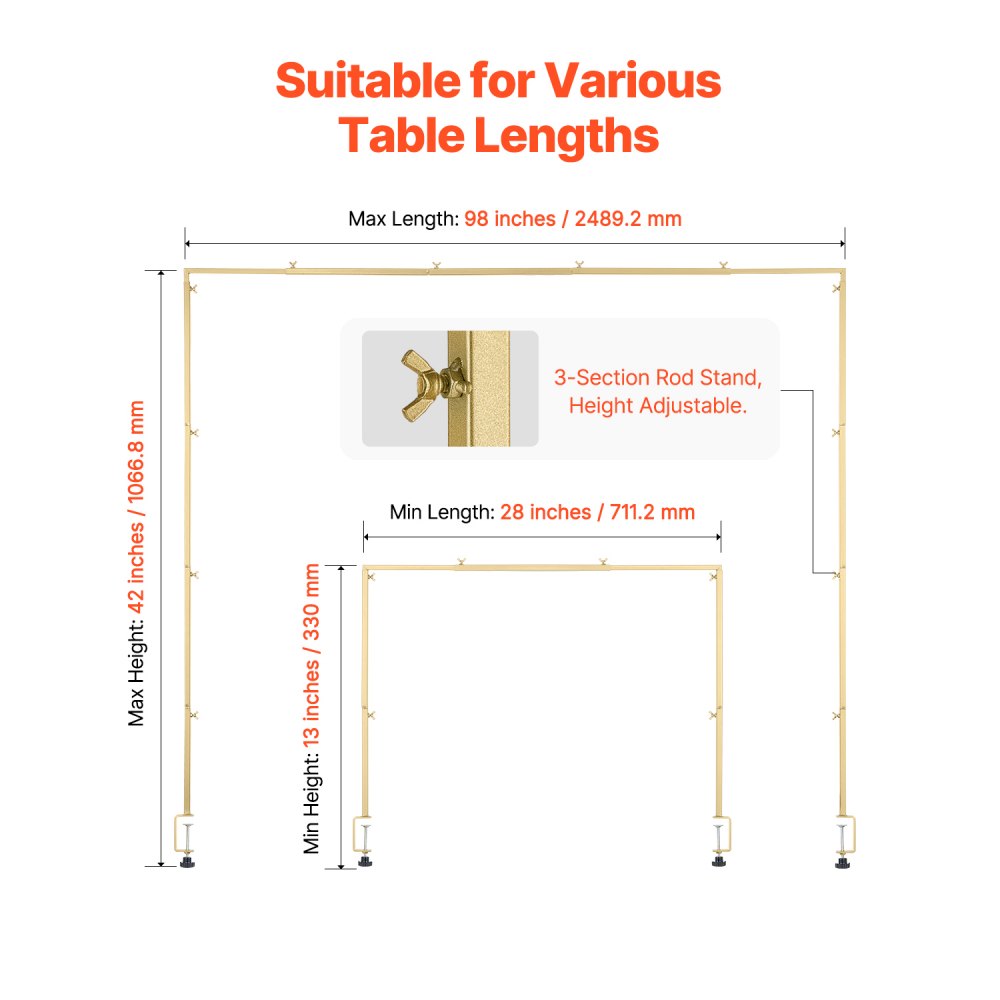 Βάση τραπεζιού VEVOR με σφιγκτήρες, ύψος 13"-42" και ρυθμιζόμενο μήκος 28"-98", μεταλλική αψίδα τραπεζιού με ρατάν, επιτραπέζια αψίδα σε σχήμα μπαλονιού για χριστουγεννιάτικες διακοσμήσεις γάμου, γενεθλίων, χρυσό Βάση τραπεζιού VEVOR με σφιγκτήρες, ύψος 13"-42" και ρυθμιζόμενο μήκος 28"-98", μεταλλική αψίδα τραπεζιού με ρατάν, επιτραπέζια αψίδα σε σχήμα μπαλονιού για χριστουγεννιάτικες διακοσμήσεις γάμου, γενεθλίων, χρυσό