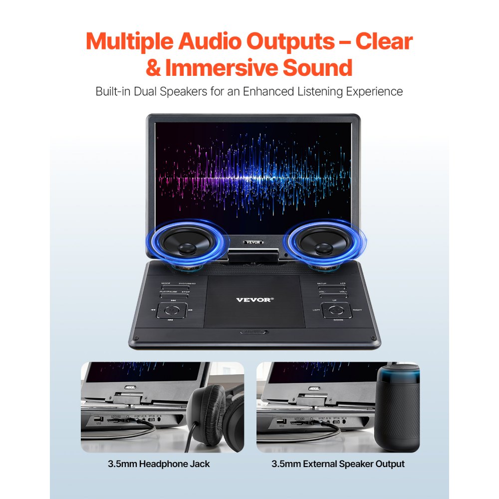 Φορητή συσκευή αναπαραγωγής DVD VEVOR, περιστρεφόμενη οθόνη HD 14 ιντσών, ενσωματωμένη επαναφορτιζόμενη μπαταρία 4,5-5 ωρών, διπλά ηχεία, υποστήριξη συγχρονισμού τηλεόρασης/USB/κάρτας SD/CD/DVD, φορτιστής αυτοκινήτου, τροφοδοτικό AC, τηλεχειριστήριο Φορητή συσκευή αναπαραγωγής DVD VEVOR, περιστρεφόμενη οθόνη HD 14 ιντσών, ενσωματωμένη επαναφορτιζόμενη μπαταρία 4,5-5 ωρών, διπλά ηχεία, υποστήριξη συγχρονισμού τηλεόρασης/USB/κάρτας SD/CD/DVD, φορτιστής αυτοκινήτου, τροφοδοτικό AC, τηλεχειριστήριο