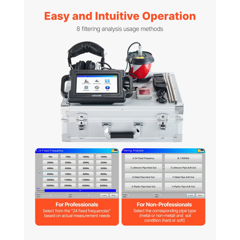 Ανιχνευτής διαρροών νερού VEVOR, 1Hz-5000Hz, LCD οθόνη αφής, εντοπιστής διαρροών αγωγών για υπόγειες υδραυλικές εγκαταστάσεις 2 μέτρων – με αισθητήρα, 3 ακρόαση, ακουστικά, κάρτα 8GB και θήκη μεταφοράς Ανιχνευτής διαρροών νερού VEVOR, 1Hz-5000Hz, LCD οθόνη αφής, εντοπιστής διαρροών αγωγών για υπόγειες υδραυλικές εγκαταστάσεις 2 μέτρων – με αισθητήρα, 3 ακρόαση, ακουστικά, κάρτα 8GB και θήκη μεταφοράς