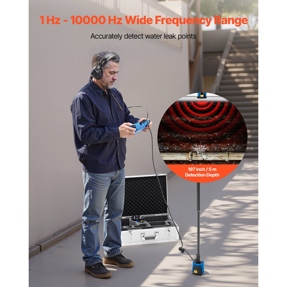 Ανιχνευτής διαρροών νερού VEVOR για εξωτερικούς χώρους, 1Hz-10000Hz, Εντοπιστής διαρροών με οθόνη αφής LCD για υπόγειες υδραυλικές εγκαταστάσεις 5 μέτρων - με μεσαίο και μεγάλο αισθητήρα, 3 ακρόαση, ακουστικά και θήκη Ανιχνευτής διαρροών νερού VEVOR για εξωτερικούς χώρους, 1Hz-10000Hz, Εντοπιστής διαρροών με οθόνη αφής LCD για υπόγειες υδραυλικές εγκαταστάσεις 5 μέτρων - με μεσαίο και μεγάλο αισθητήρα, 3 ακρόαση, ακουστικά και θήκη