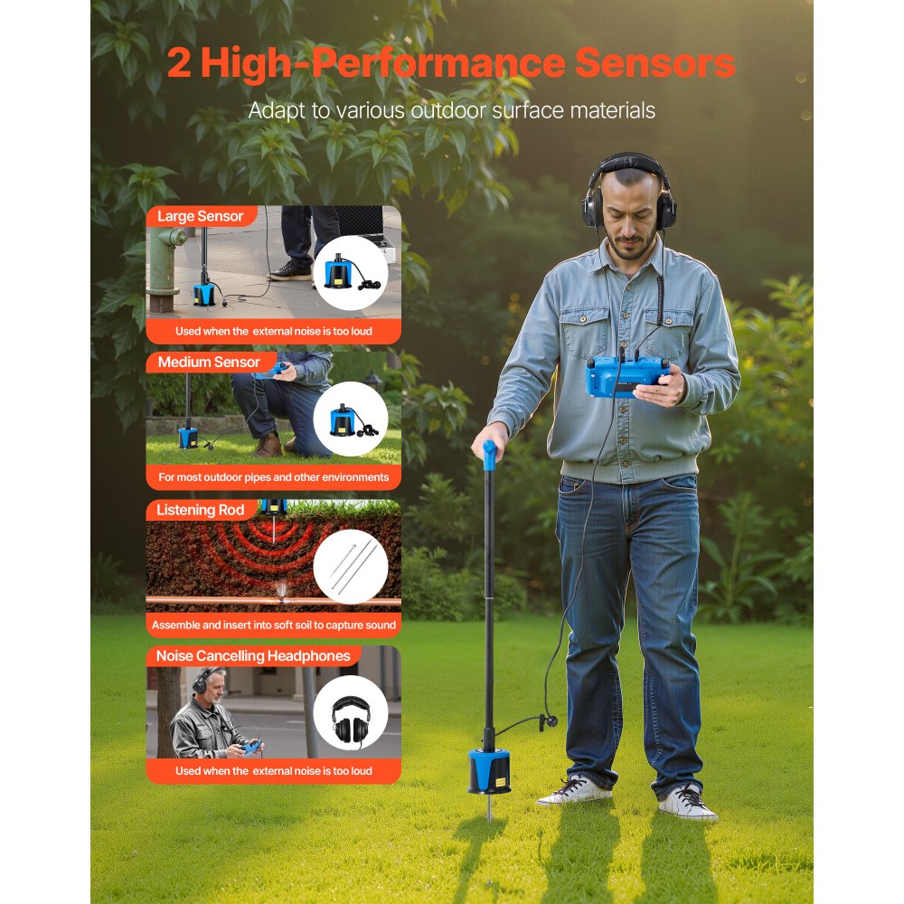 Ανιχνευτής διαρροών νερού VEVOR για εξωτερικούς χώρους, 1Hz-10000Hz, Εντοπιστής διαρροών με οθόνη αφής LCD για υπόγειες υδραυλικές εγκαταστάσεις 5 μέτρων - με μεσαίο και μεγάλο αισθητήρα, 3 ακρόαση, ακουστικά και θήκη Ανιχνευτής διαρροών νερού VEVOR για εξωτερικούς χώρους, 1Hz-10000Hz, Εντοπιστής διαρροών με οθόνη αφής LCD για υπόγειες υδραυλικές εγκαταστάσεις 5 μέτρων - με μεσαίο και μεγάλο αισθητήρα, 3 ακρόαση, ακουστικά και θήκη