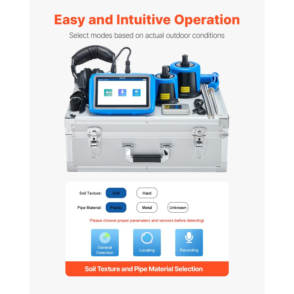 Ανιχνευτής διαρροών νερού VEVOR για εξωτερικούς χώρους, 1Hz-10000Hz, Εντοπιστής διαρροών με οθόνη αφής LCD για υπόγειες υδραυλικές εγκαταστάσεις 5 μέτρων - με μεσαίο και μεγάλο αισθητήρα, 3 ακρόαση, ακουστικά και θήκη Ανιχνευτής διαρροών νερού VEVOR για εξωτερικούς χώρους, 1Hz-10000Hz, Εντοπιστής διαρροών με οθόνη αφής LCD για υπόγειες υδραυλικές εγκαταστάσεις 5 μέτρων - με μεσαίο και μεγάλο αισθητήρα, 3 ακρόαση, ακουστικά και θήκη