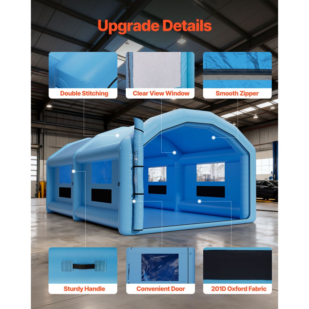 Φουσκωτός θάλαμος βαφής VEVOR, 10 x 6 x 4 m, Φουσκωτός θάλαμος ψεκασμού με φυσητήρες 950W και 1100W και σύστημα φίλτρου αέρα, Στρογγυλή οροφή, για βαφή αυτοκινήτων, φορτηγών, επίπλων και λαμαρινών αυτοκινήτων Φουσκωτός θάλαμος βαφής VEVOR, 10 x 6 x 4 m, Φουσκωτός θάλαμος ψεκασμού με φυσητήρες 950W και 1100W και σύστημα φίλτρου αέρα, Στρογγυλή οροφή, για βαφή αυτοκινήτων, φορτηγών, επίπλων και λαμαρινών αυτοκινήτων