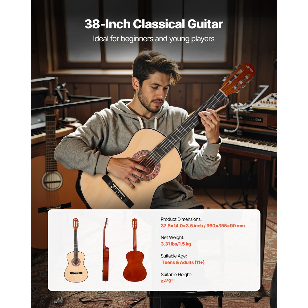 Κλασική κιθάρα VEVOR, 960 mm, Ξύλινο κιτ εκκίνησης κλασικής κιθάρας για αρχάριους, με χορδές νάιλον, τσάντα συναυλιών, λουράκι, κουρδιστήρι, επιπλέον χορδές, πένες, καποτάτο, ξύλο μπάσου, για εφήβους και ενήλικες, μαθητές, φυσικό Κλασική κιθάρα VEVOR, 960 mm, Ξύλινο κιτ εκκίνησης κλασικής κιθάρας για αρχάριους, με χορδές νάιλον, τσάντα συναυλιών, λουράκι, κουρδιστήρι, επιπλέον χορδές, πένες, καποτάτο, ξύλο μπάσου, για εφήβους και ενήλικες, μαθητές, φυσικό