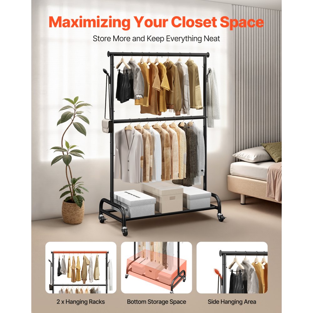 Ράφι ρούχων VEVOR, Ράφι ρούχων με ρυθμιζόμενη εγκάρσια ράβδο και πλαϊνούς γάντζους, χωρητικότητα φορτίου 68 kg, Ράφι ρούχων βαρέως τύπου από ανθρακούχο χάλυβα με ρόδες για υπνοδωμάτιο, πλυντήριο, σαλόνι Ράφι ρούχων VEVOR, Ράφι ρούχων με ρυθμιζόμενη εγκάρσια ράβδο και πλαϊνούς γάντζους, χωρητικότητα φορτίου 68 kg, Ράφι ρούχων βαρέως τύπου από ανθρακούχο χάλυβα με ρόδες για υπνοδωμάτιο, πλυντήριο, σαλόνι