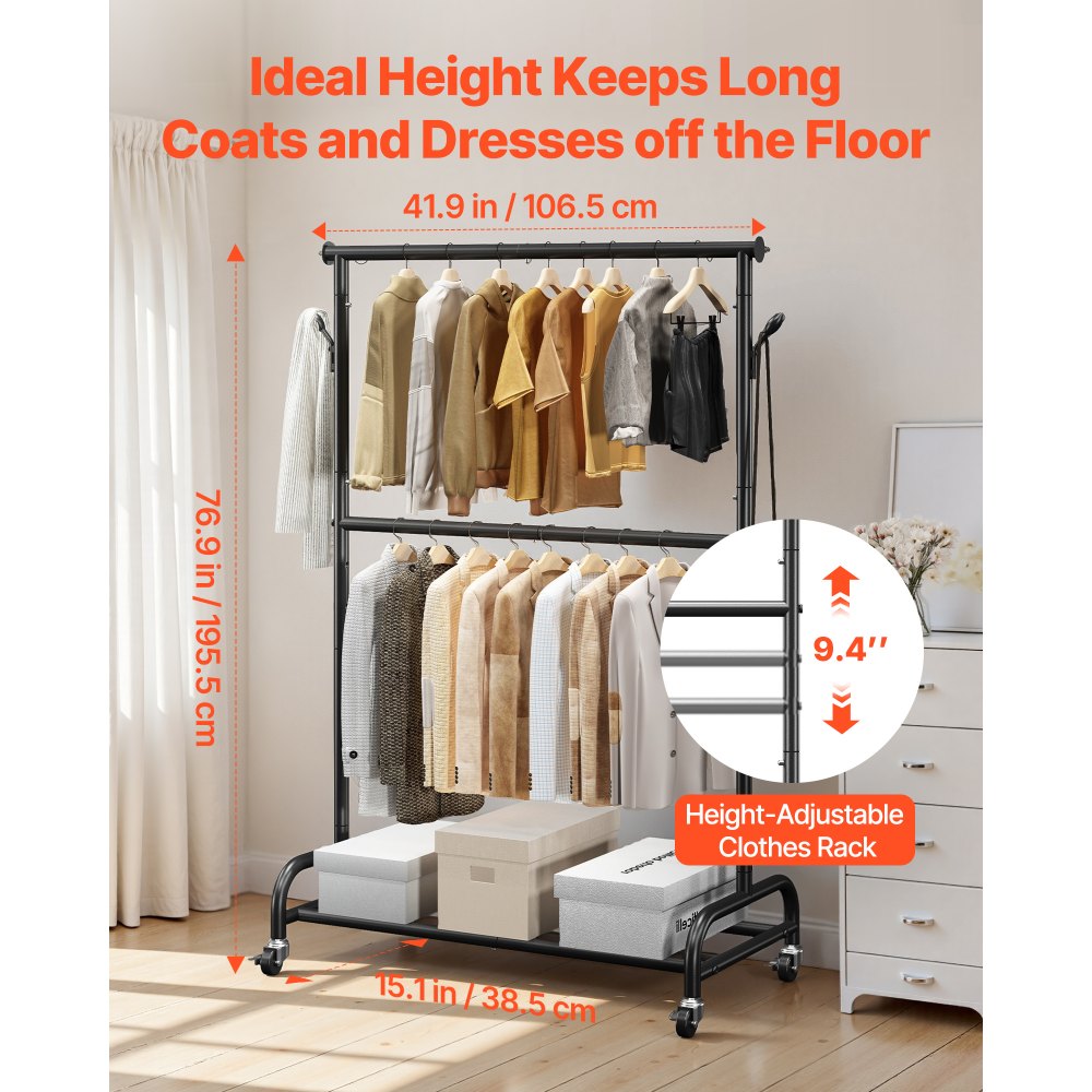 Ράφι ρούχων VEVOR, Ράφι ρούχων με ρυθμιζόμενη εγκάρσια ράβδο και πλαϊνούς γάντζους, χωρητικότητα φορτίου 68 kg, Ράφι ρούχων βαρέως τύπου από ανθρακούχο χάλυβα με ρόδες για υπνοδωμάτιο, πλυντήριο, σαλόνι Ράφι ρούχων VEVOR, Ράφι ρούχων με ρυθμιζόμενη εγκάρσια ράβδο και πλαϊνούς γάντζους, χωρητικότητα φορτίου 68 kg, Ράφι ρούχων βαρέως τύπου από ανθρακούχο χάλυβα με ρόδες για υπνοδωμάτιο, πλυντήριο, σαλόνι