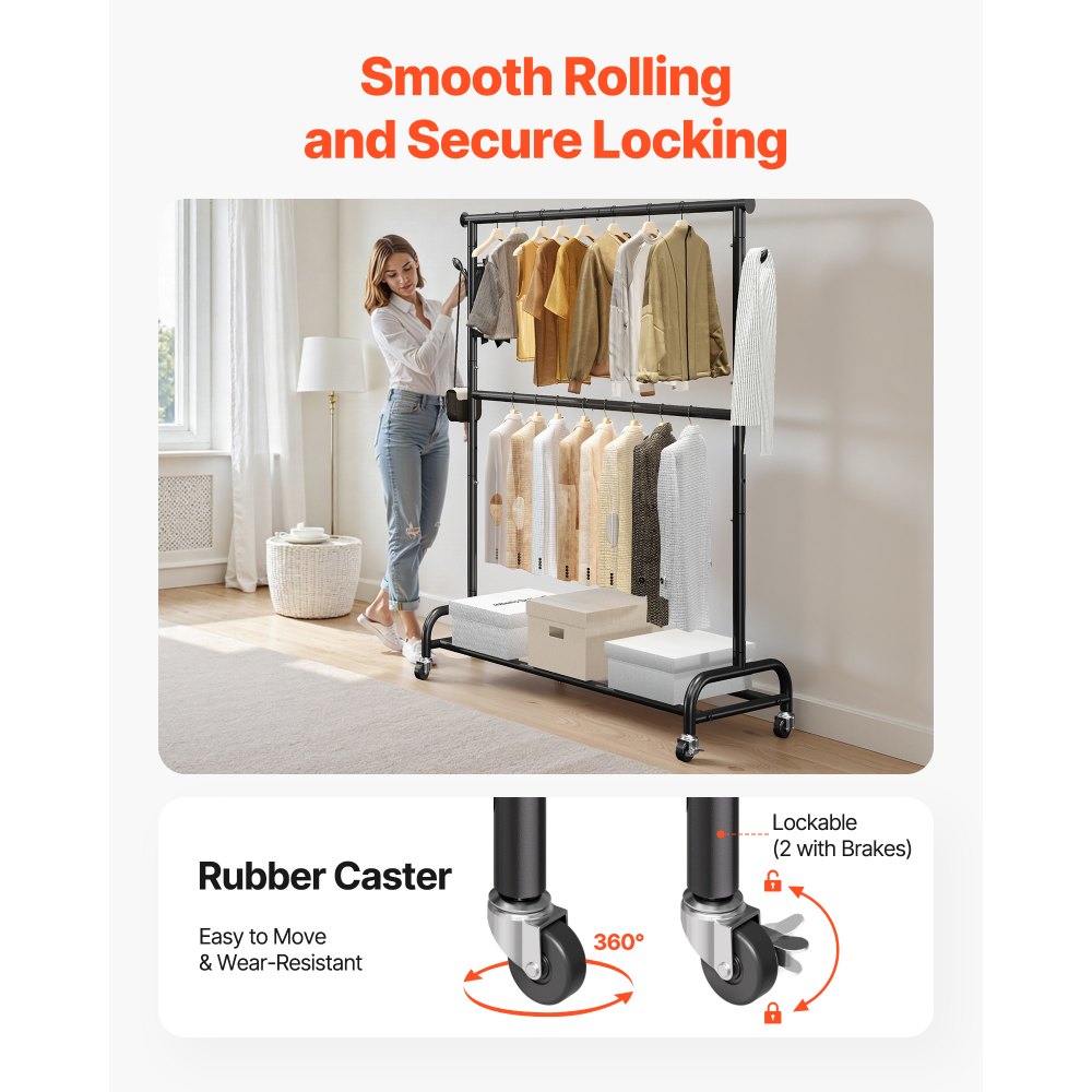 Ράφι ρούχων VEVOR, Ράφι ρούχων με ρυθμιζόμενη εγκάρσια ράβδο και πλαϊνούς γάντζους, χωρητικότητα φορτίου 68 kg, Ράφι ρούχων βαρέως τύπου από ανθρακούχο χάλυβα με ρόδες για υπνοδωμάτιο, πλυντήριο, σαλόνι Ράφι ρούχων VEVOR, Ράφι ρούχων με ρυθμιζόμενη εγκάρσια ράβδο και πλαϊνούς γάντζους, χωρητικότητα φορτίου 68 kg, Ράφι ρούχων βαρέως τύπου από ανθρακούχο χάλυβα με ρόδες για υπνοδωμάτιο, πλυντήριο, σαλόνι