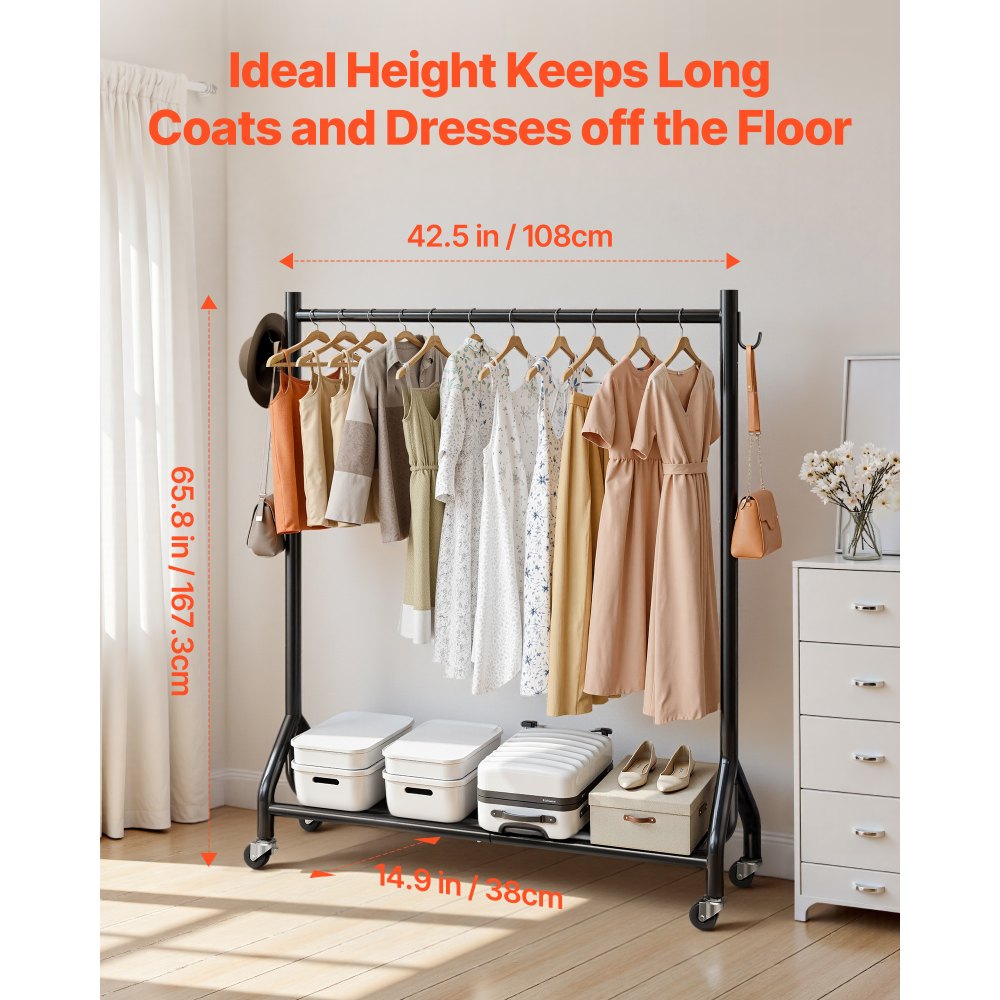 Ράφι ρούχων VEVOR, Ράφι ρούχων με κρεμαστή ράβδο και πλαϊνούς γάντζους, Χωρητικότητα φορτίου 90 kg, Ράφι ρούχων από ανθρακούχο χάλυβα βαρέως τύπου με ρόδες, Ιδανικό για υπνοδωμάτιο, πλυντήριο, σαλόνι Ράφι ρούχων VEVOR, Ράφι ρούχων με κρεμαστή ράβδο και πλαϊνούς γάντζους, Χωρητικότητα φορτίου 90 kg, Ράφι ρούχων από ανθρακούχο χάλυβα βαρέως τύπου με ρόδες, Ιδανικό για υπνοδωμάτιο, πλυντήριο, σαλόνι