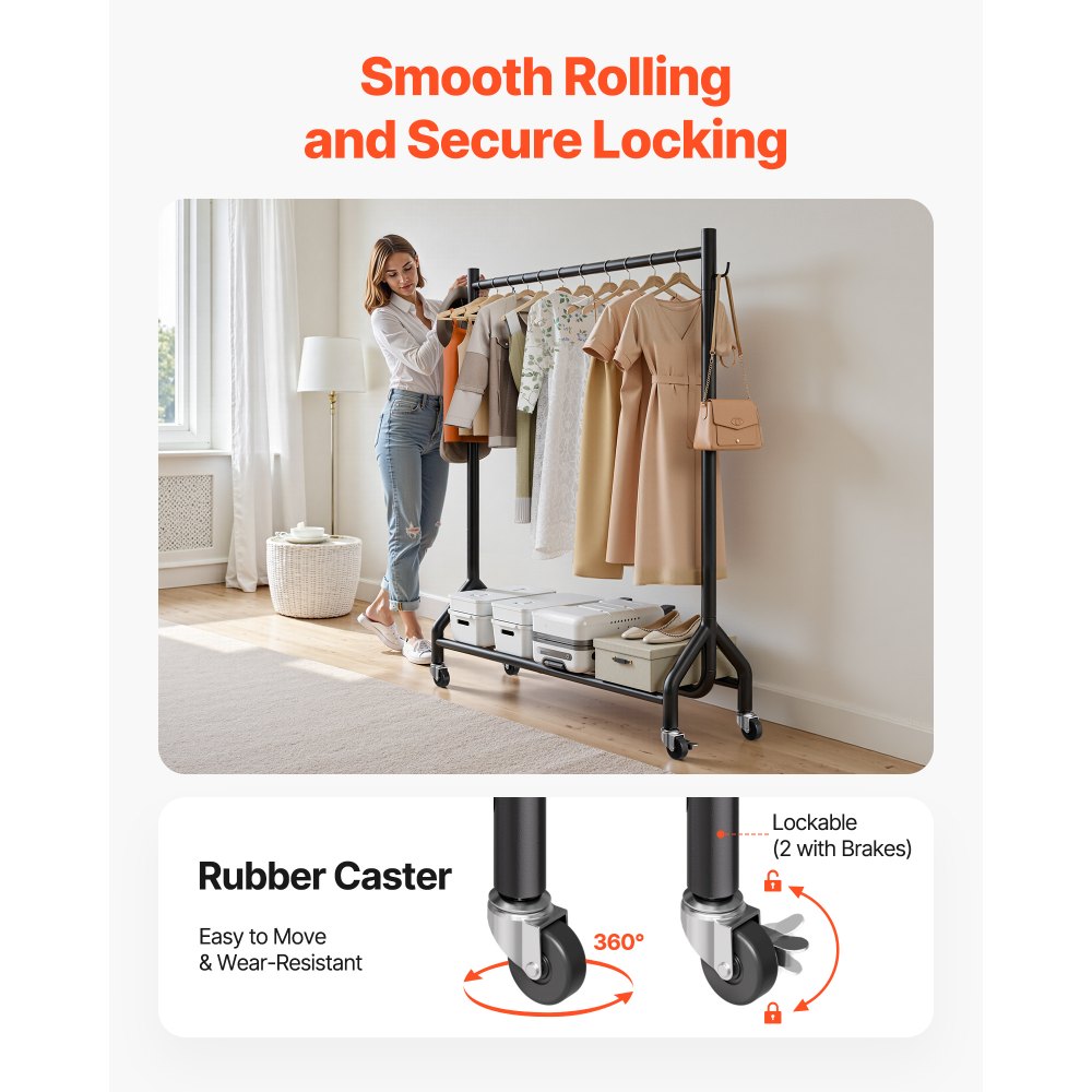 Ράφι ρούχων VEVOR, Ράφι ρούχων με κρεμαστή ράβδο και πλαϊνούς γάντζους, Χωρητικότητα φορτίου 90 kg, Ράφι ρούχων από ανθρακούχο χάλυβα βαρέως τύπου με ρόδες, Ιδανικό για υπνοδωμάτιο, πλυντήριο, σαλόνι Ράφι ρούχων VEVOR, Ράφι ρούχων με κρεμαστή ράβδο και πλαϊνούς γάντζους, Χωρητικότητα φορτίου 90 kg, Ράφι ρούχων από ανθρακούχο χάλυβα βαρέως τύπου με ρόδες, Ιδανικό για υπνοδωμάτιο, πλυντήριο, σαλόνι