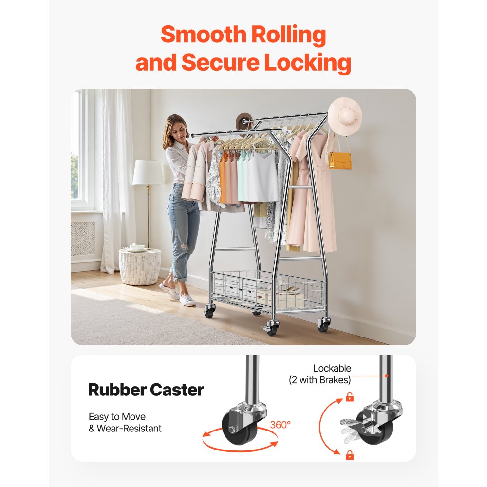Ράφι ρούχων VEVOR, Ράφι ρούχων με 2 κρεμάστρες και καλάθι αποθήκευσης, χωρητικότητα φορτίου 150 kg, επεκτάσιμες ράφιες ρούχων από ανθρακούχο χάλυβα με ρόδες για υπνοδωμάτιο, πλυντήριο, σαλόνι Ράφι ρούχων VEVOR, Ράφι ρούχων με 2 κρεμάστρες και καλάθι αποθήκευσης, χωρητικότητα φορτίου 150 kg, επεκτάσιμες ράφιες ρούχων από ανθρακούχο χάλυβα με ρόδες για υπνοδωμάτιο, πλυντήριο, σαλόνι