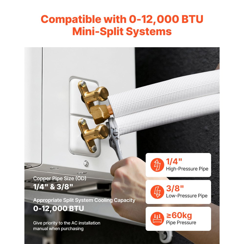 Σετ μίνι σωλήνων διαχωρισμού VEVOR 15,2m, σωλήνας χαλκού AC OD 6,4 & 9,5mm, λευκό μονωμένο πηνίο PE 3/8 με παξιμάδια φαρδιά, ενισχυμένα εξαρτήματα, για σύστημα μίνι διαχωρισμού HVAC ή αντλίας θερμότητας Σετ μίνι σωλήνων διαχωρισμού VEVOR 15,2m, σωλήνας χαλκού AC OD 6,4 & 9,5mm, λευκό μονωμένο πηνίο PE 3/8 με παξιμάδια φαρδιά, ενισχυμένα εξαρτήματα, για σύστημα μίνι διαχωρισμού HVAC ή αντλίας θερμότητας