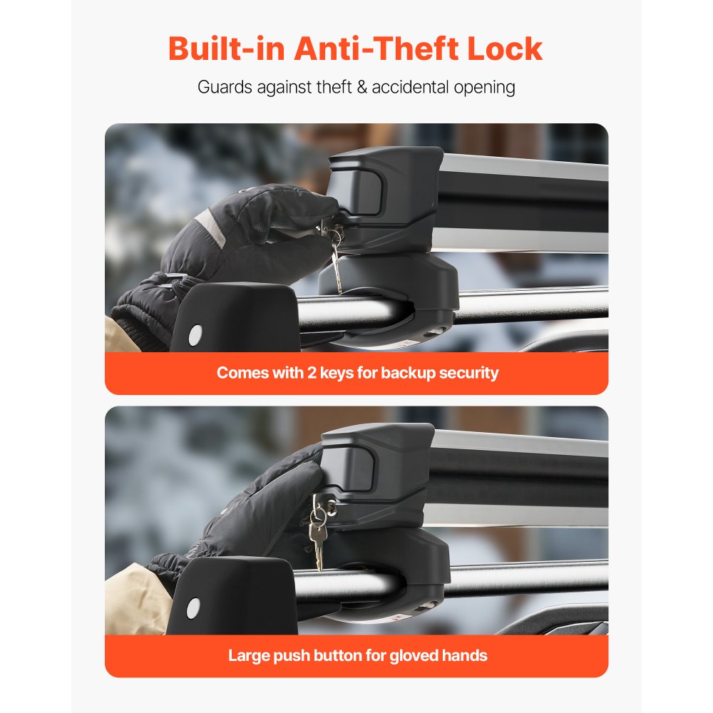 Βάση οροφής VEVOR για σκι και σνόουμπορντ, Χωρητικότητα έως 4 ζεύγη σκι ή 2 σνόουμπορντ, 2 τεμάχια βάση οροφής αυτοκινήτου αλουμινίου γενικής χρήσης με κλειδαριά και επένδυση από καουτσούκ, Βάση για καλάμι ψαρέματος, Ταιριάζει στις περισσότερες εγκάρσιες ράβδους Βάση οροφής VEVOR για σκι και σνόουμπορντ, Χωρητικότητα έως 4 ζεύγη σκι ή 2 σνόουμπορντ, 2 τεμάχια βάση οροφής αυτοκινήτου αλουμινίου γενικής χρήσης με κλειδαριά και επένδυση από καουτσούκ, Βάση για καλάμι ψαρέματος, Ταιριάζει στις περισσότερες εγκάρσιες ράβδους