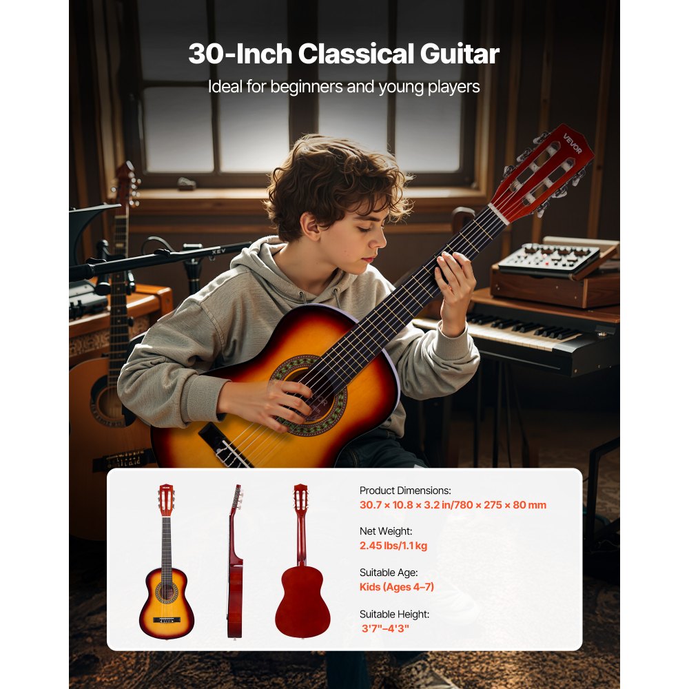 Κλασική κιθάρα VEVOR, 780 mm, Ξύλινο κιτ εκκίνησης κλασικής κιθάρας για αρχάριους, με χορδές νάιλον, τσάντα συναυλιών, λουράκι, κουρδιστήρι, επιπλέον χορδές, πένες, καποτάτο, ξύλο μπάσου, για παιδιά κορίτσια αγόρια μαθητές, Sunburst Κλασική κιθάρα VEVOR, 780 mm, Ξύλινο κιτ εκκίνησης κλασικής κιθάρας για αρχάριους, με χορδές νάιλον, τσάντα συναυλιών, λουράκι, κουρδιστήρι, επιπλέον χορδές, πένες, καποτάτο, ξύλο μπάσου, για παιδιά κορίτσια αγόρια μαθητές, Sunburst