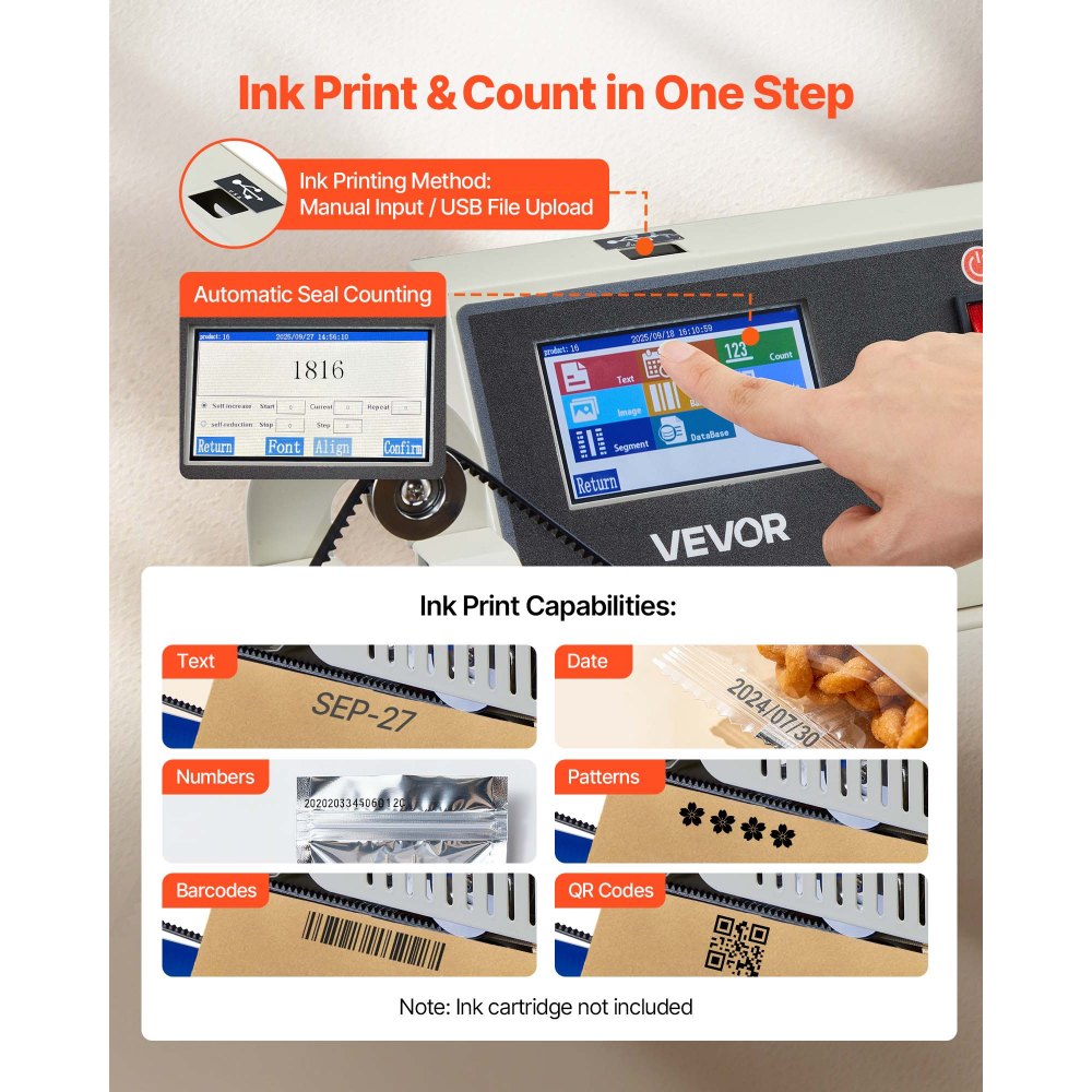 Μηχανή συνεχούς σφράγισης ταινιών σακουλών VEVOR, πλάτος σφράγισης 6-12 mm, οριζόντια μηχανή σφράγισης ταινιών με εκτύπωση με μελάνι, ρυθμιζόμενη θερμοκρασία και ταχύτητα, εμπορική μηχανή θερμικής σφράγισης για πλαστικές σακούλες 0,03-0,8 mm Μηχανή συνεχούς σφράγισης ταινιών σακουλών VEVOR, πλάτος σφράγισης 6-12 mm, οριζόντια μηχανή σφράγισης ταινιών με εκτύπωση με μελάνι, ρυθμιζόμενη θερμοκρασία και ταχύτητα, εμπορική μηχανή θερμικής σφράγισης για πλαστικές σακούλες 0,03-0,8 mm
