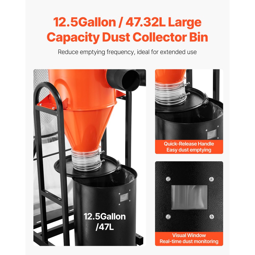 Συλλέκτης σκόνης VEVOR, Κυκλωνικός συλλέκτης σκόνης 763 CFM 1 Micron, Διαχωριστής σκόνης 1.5HP με σακούλα συλλέκτη σκόνης 47.32L και βάση, Έξυπνος κυκλωνικός διαχωρισμός, Σύστημα συλλογής σκόνης για ξυλουργικές εργασίες Συλλέκτης σκόνης VEVOR, Κυκλωνικός συλλέκτης σκόνης 763 CFM 1 Micron, Διαχωριστής σκόνης 1.5HP με σακούλα συλλέκτη σκόνης 47.32L και βάση, Έξυπνος κυκλωνικός διαχωρισμός, Σύστημα συλλογής σκόνης για ξυλουργικές εργασίες