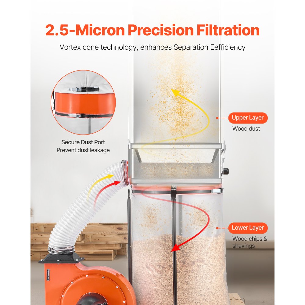 Συλλέκτης σκόνης VEVOR, Συλλέκτες σκόνης κώνου Vortex 1100 CFM 2,5 Micron, Σύστημα συλλογής πριονιδιού 1,5HP με σακούλα συλλογής σκόνης 132,5L & σακούλα φίλτρου 159L, υψηλής ταχύτητας 2800 RPM, για ροκανίδια ξύλου Συλλέκτης σκόνης VEVOR, Συλλέκτες σκόνης κώνου Vortex 1100 CFM 2,5 Micron, Σύστημα συλλογής πριονιδιού 1,5HP με σακούλα συλλογής σκόνης 132,5L & σακούλα φίλτρου 159L, υψηλής ταχύτητας 2800 RPM, για ροκανίδια ξύλου