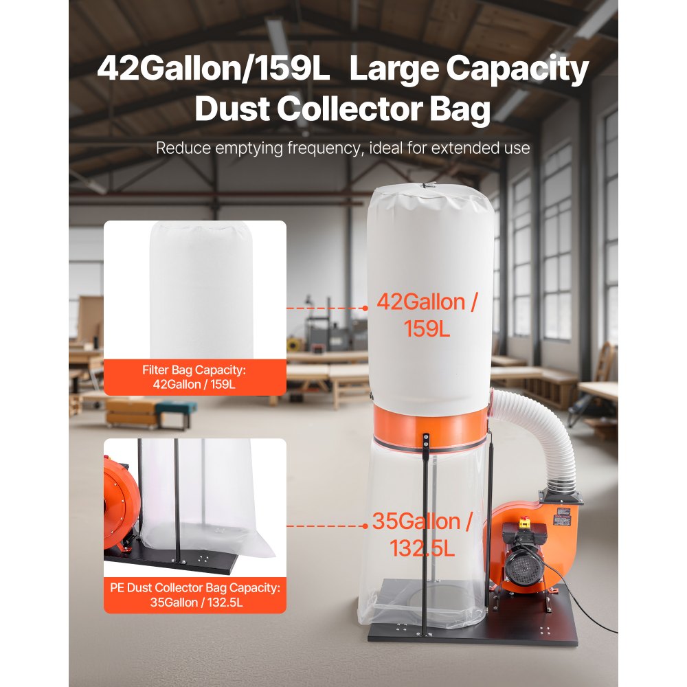 Συλλέκτης σκόνης VEVOR, Συλλέκτες σκόνης κώνου Vortex 1100 CFM 2,5 Micron, Σύστημα συλλογής πριονιδιού 1,5HP με σακούλα συλλογής σκόνης 132,5L & σακούλα φίλτρου 159L, υψηλής ταχύτητας 2800 RPM, για ροκανίδια ξύλου Συλλέκτης σκόνης VEVOR, Συλλέκτες σκόνης κώνου Vortex 1100 CFM 2,5 Micron, Σύστημα συλλογής πριονιδιού 1,5HP με σακούλα συλλογής σκόνης 132,5L & σακούλα φίλτρου 159L, υψηλής ταχύτητας 2800 RPM, για ροκανίδια ξύλου