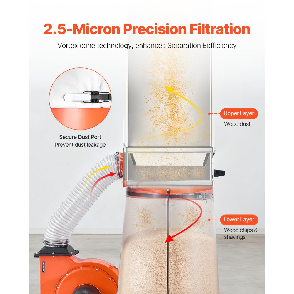 Συλλέκτης σκόνης VEVOR, Συλλέκτες σκόνης κώνου Vortex 1200 CFM 2,5 Micron, Σύστημα συλλογής πριονιδιού 2,0HP με σακούλα συλλογής σκόνης 132,5L & σακούλα φίλτρου 159L, υψηλής ταχύτητας 2800 RPM, για ξυλουργική Συλλέκτης σκόνης VEVOR, Συλλέκτες σκόνης κώνου Vortex 1200 CFM 2,5 Micron, Σύστημα συλλογής πριονιδιού 2,0HP με σακούλα συλλογής σκόνης 132,5L & σακούλα φίλτρου 159L, υψηλής ταχύτητας 2800 RPM, για ξυλουργική
