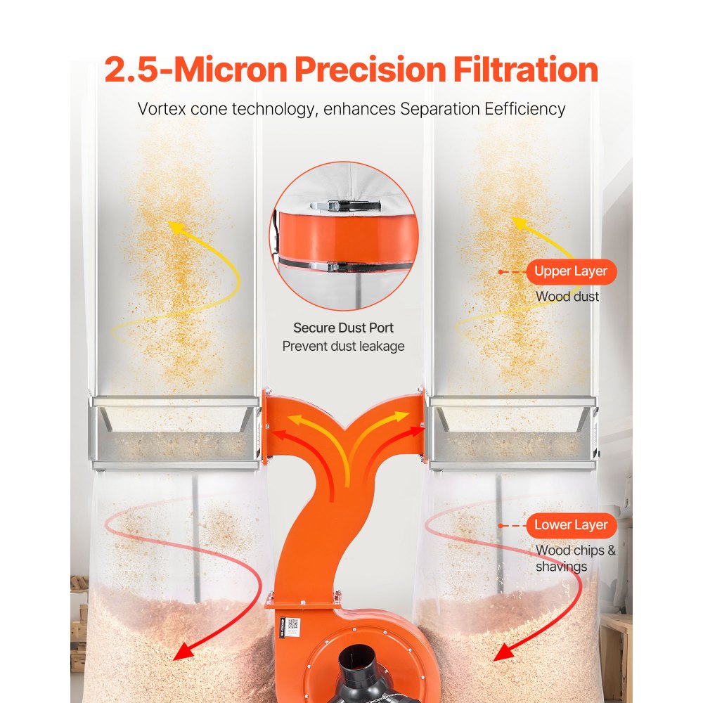 Συλλέκτης σκόνης VEVOR, Συλλέκτες σκόνης κώνου Vortex 1550 CFM 2,5 Micron, Σύστημα συλλογής πριονιδιού 3,0HP με δύο σακούλες συλλογής σκόνης 132,5L & δύο σακούλες φίλτρου 159L, 2800 RPM, μη υφασμένο ύφασμα Συλλέκτης σκόνης VEVOR, Συλλέκτες σκόνης κώνου Vortex 1550 CFM 2,5 Micron, Σύστημα συλλογής πριονιδιού 3,0HP με δύο σακούλες συλλογής σκόνης 132,5L & δύο σακούλες φίλτρου 159L, 2800 RPM, μη υφασμένο ύφασμα