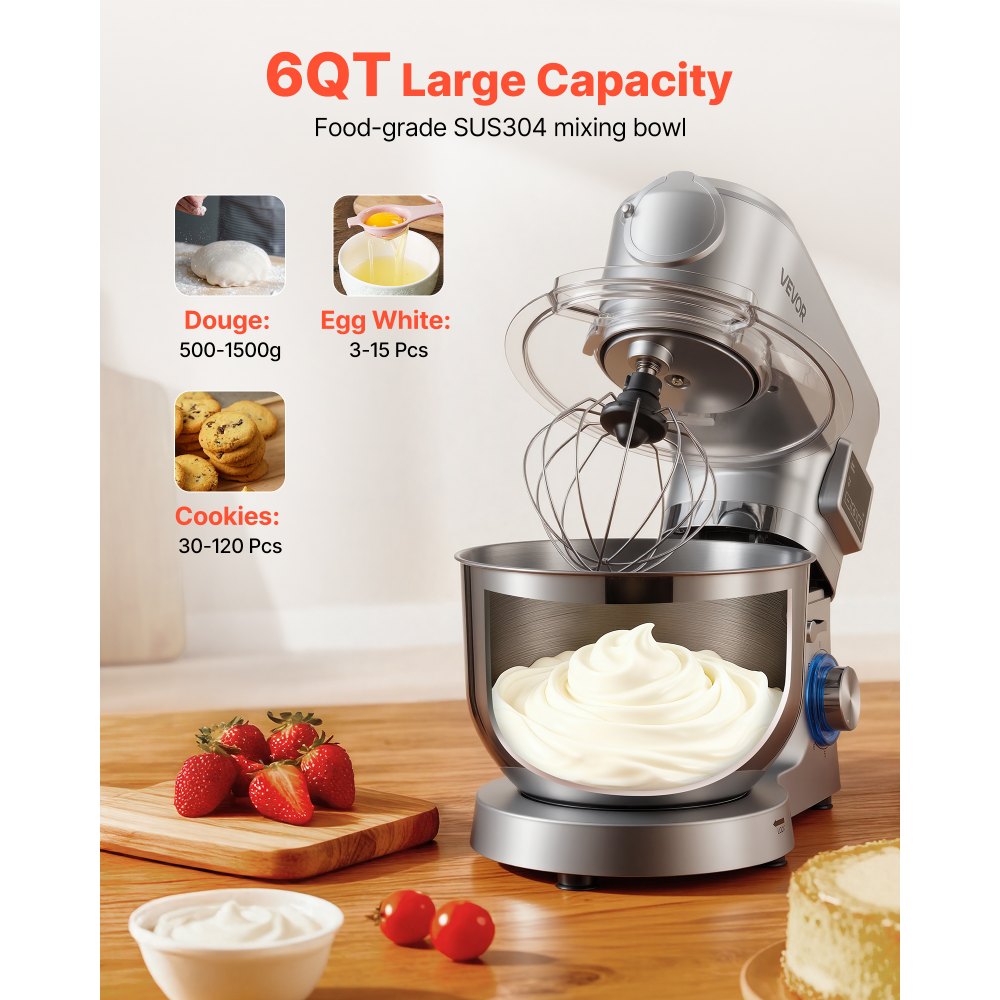 Μίξερ βάσης VEVOR, ηλεκτρικό μίξερ κουζίνας 5,7 L, μίξερ ζύμης 1500W, μίξερ τροφίμων με ανακλινόμενη κεφαλή 6+P ταχυτήτων με κύπελλο μπλέντερ 1,5 L, μπολ από ανοξείδωτο ατσάλι, γάντζος ζύμης, σύρμα, αναδευτήρας, για ψήσιμο, ανάμειξη, ασημί Μίξερ βάσης VEVOR, ηλεκτρικό μίξερ κουζίνας 5,7 L, μίξερ ζύμης 1500W, μίξερ τροφίμων με ανακλινόμενη κεφαλή 6+P ταχυτήτων με κύπελλο μπλέντερ 1,5 L, μπολ από ανοξείδωτο ατσάλι, γάντζος ζύμης, σύρμα, αναδευτήρας, για ψήσιμο, ανάμειξη, ασημί