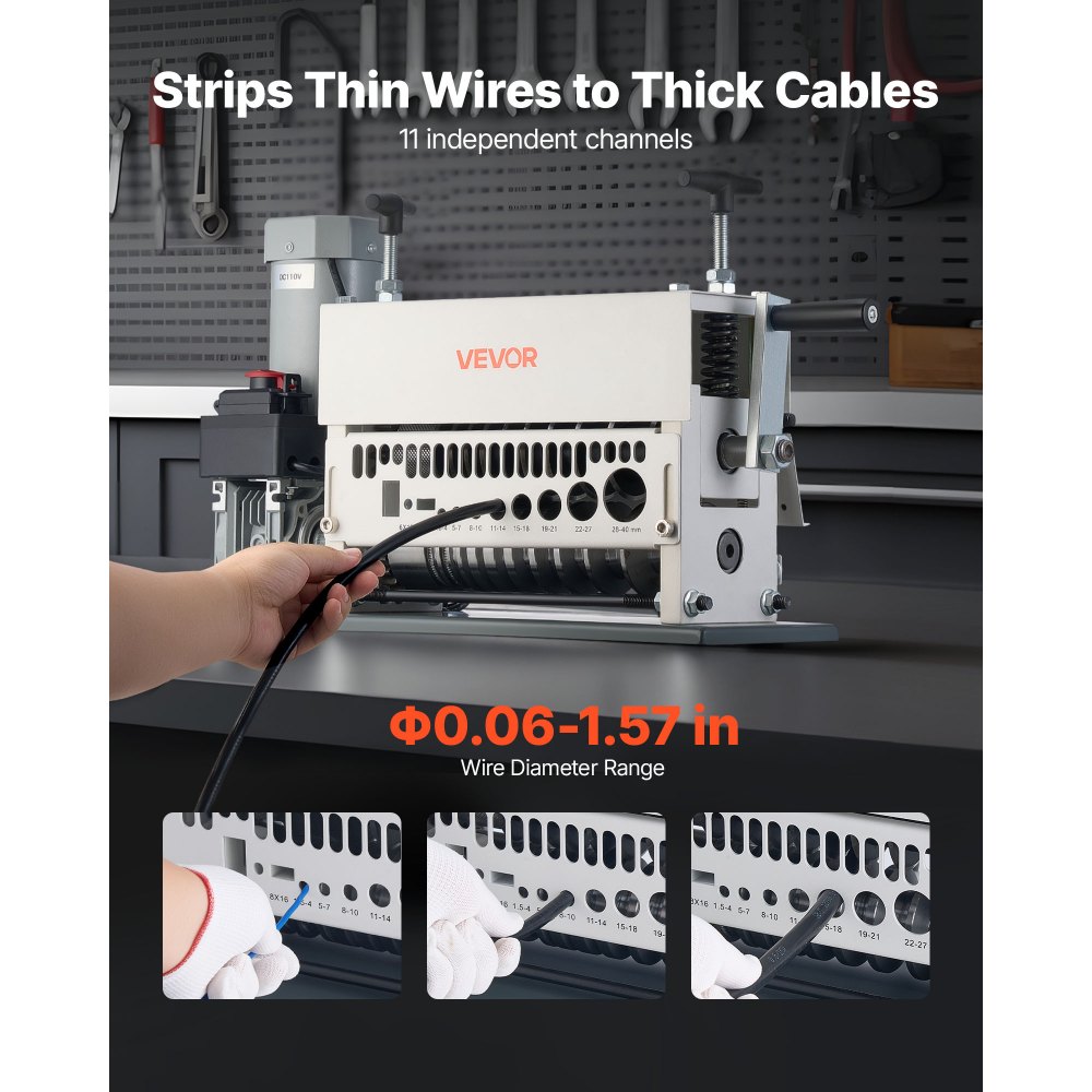 Ηλεκτρική μηχανή απογύμνωσης καλωδίων VEVOR, 1,5-40 mm, Αυτόματος απογυμνωτής καλωδίων χαλκού 11 καναλιών, Εργαλείο απογύμνωσης καλωδίων 370W με χειροκίνητη λειτουργία στροφάλου, Κουμπί διακοπής έκτακτης ανάγκης, για ανακύκλωση χαλκού Ηλεκτρική μηχανή απογύμνωσης καλωδίων VEVOR, 1,5-40 mm, Αυτόματος απογυμνωτής καλωδίων χαλκού 11 καναλιών, Εργαλείο απογύμνωσης καλωδίων 370W με χειροκίνητη λειτουργία στροφάλου, Κουμπί διακοπής έκτακτης ανάγκης, για ανακύκλωση χαλκού