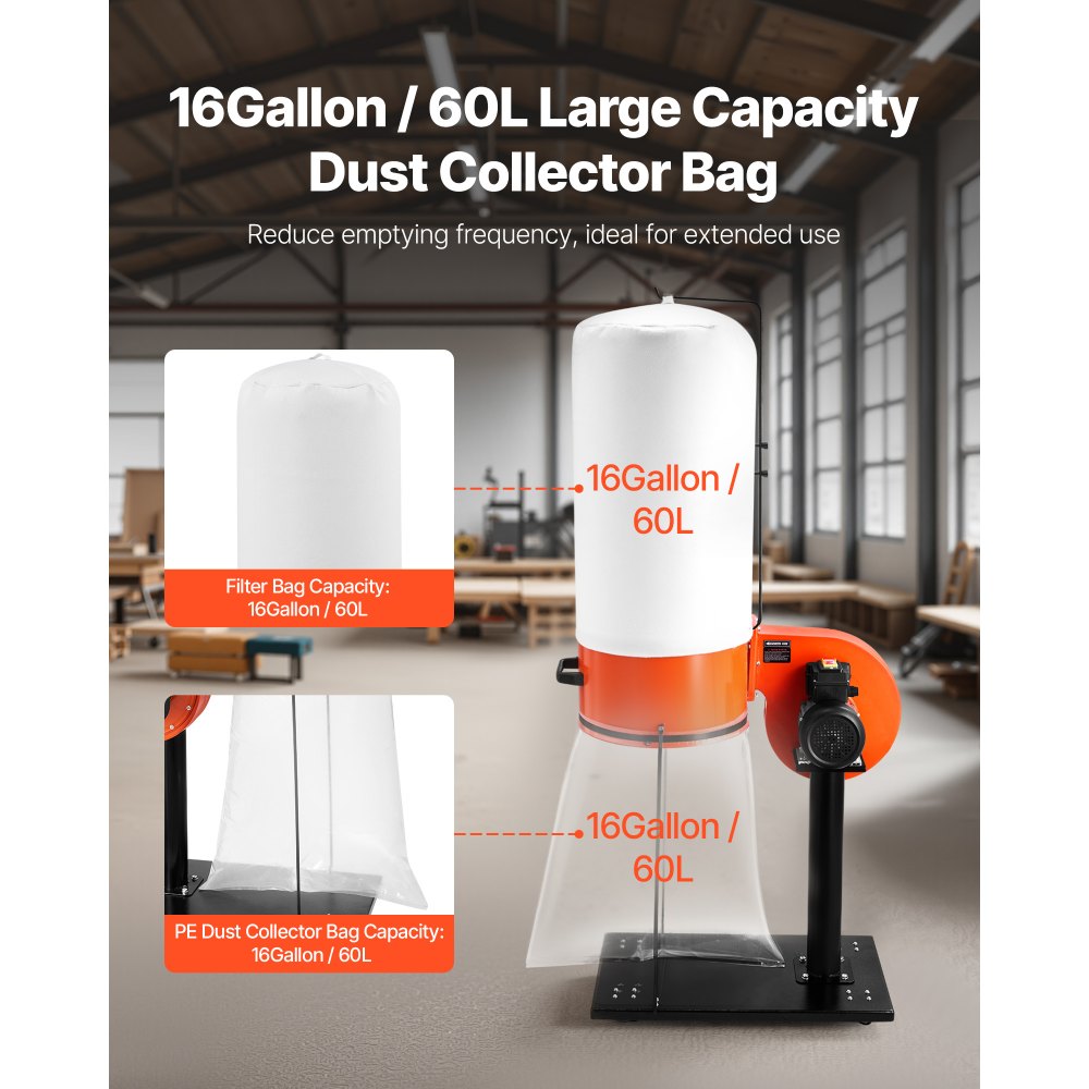 Συλλέκτης σκόνης VEVOR, Συλλέκτες σκόνης κώνου Vortex 800 CFM 2,5 Micron, Σύστημα συλλογής πριονιδιού 1HP με σακούλα συλλογής σκόνης 60L, σακούλα φίλτρου και ροδάκια, υψηλής ταχύτητας 2800 RPM, για ξυλουργική Συλλέκτης σκόνης VEVOR, Συλλέκτες σκόνης κώνου Vortex 800 CFM 2,5 Micron, Σύστημα συλλογής πριονιδιού 1HP με σακούλα συλλογής σκόνης 60L, σακούλα φίλτρου και ροδάκια, υψηλής ταχύτητας 2800 RPM, για ξυλουργική