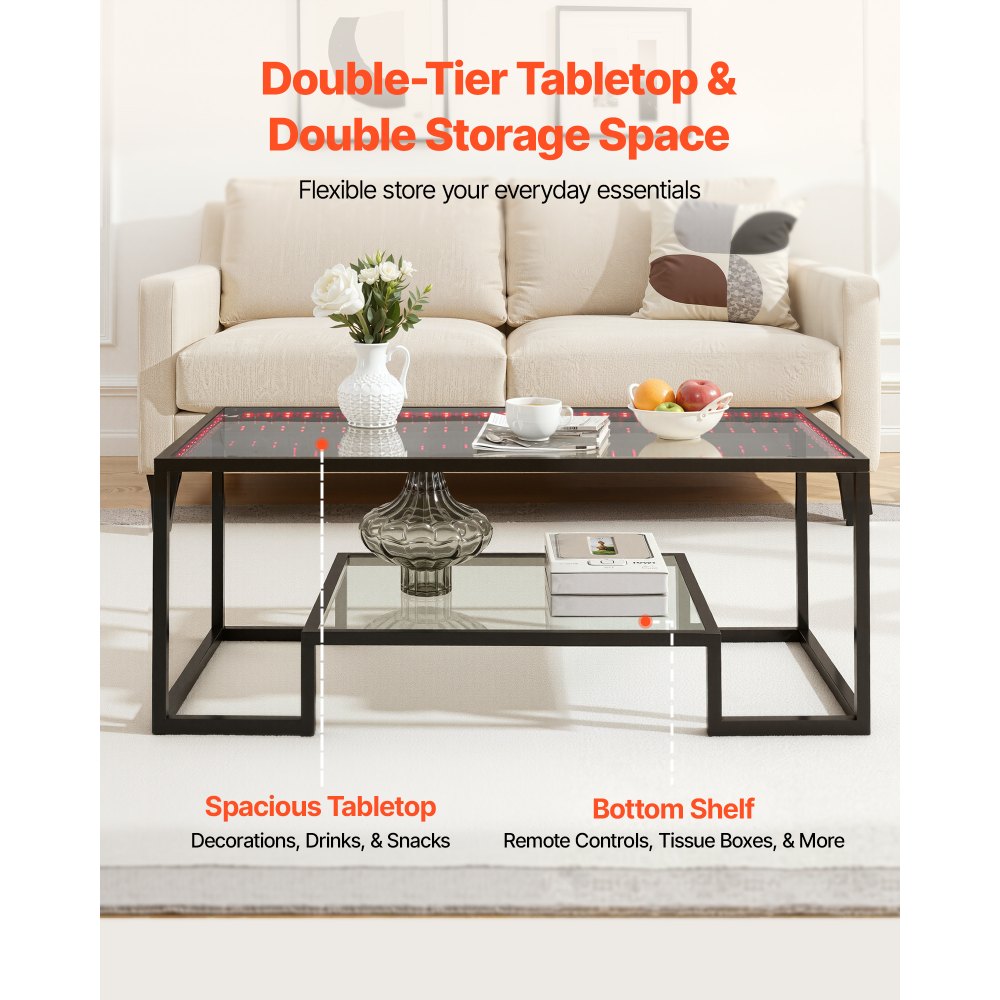 Τραπεζάκι σαλονιού VEVOR, Μοντέρνο τραπεζάκι σαλονιού από σκληρυμένο γυαλί με φωτισμό, Ορθογώνιο κεντρικό γραφείο 2 επιπέδων από γυαλί με ανοιχτό αποθηκευτικό χώρο, Μινιμαλιστικό μεταλλικό γραφείο με διακοσμητική διακόσμηση για σαλόνι, Γραφείο, Εύκολη συναρμολόγηση Τραπεζάκι σαλονιού VEVOR, Μοντέρνο τραπεζάκι σαλονιού από σκληρυμένο γυαλί με φωτισμό, Ορθογώνιο κεντρικό γραφείο 2 επιπέδων από γυαλί με ανοιχτό αποθηκευτικό χώρο, Μινιμαλιστικό μεταλλικό γραφείο με διακοσμητική διακόσμηση για σαλόνι, Γραφείο, Εύκολη συναρμολόγηση