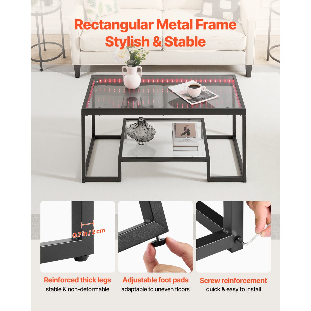 Τραπεζάκι σαλονιού VEVOR, Μοντέρνο τραπεζάκι σαλονιού από σκληρυμένο γυαλί με φωτισμό, Ορθογώνιο κεντρικό γραφείο 2 επιπέδων από γυαλί με ανοιχτό αποθηκευτικό χώρο, Μινιμαλιστικό μεταλλικό γραφείο με διακοσμητική διακόσμηση για σαλόνι, Γραφείο, Εύκολη συναρμολόγηση Τραπεζάκι σαλονιού VEVOR, Μοντέρνο τραπεζάκι σαλονιού από σκληρυμένο γυαλί με φωτισμό, Ορθογώνιο κεντρικό γραφείο 2 επιπέδων από γυαλί με ανοιχτό αποθηκευτικό χώρο, Μινιμαλιστικό μεταλλικό γραφείο με διακοσμητική διακόσμηση για σαλόνι, Γραφείο, Εύκολη συναρμολόγηση