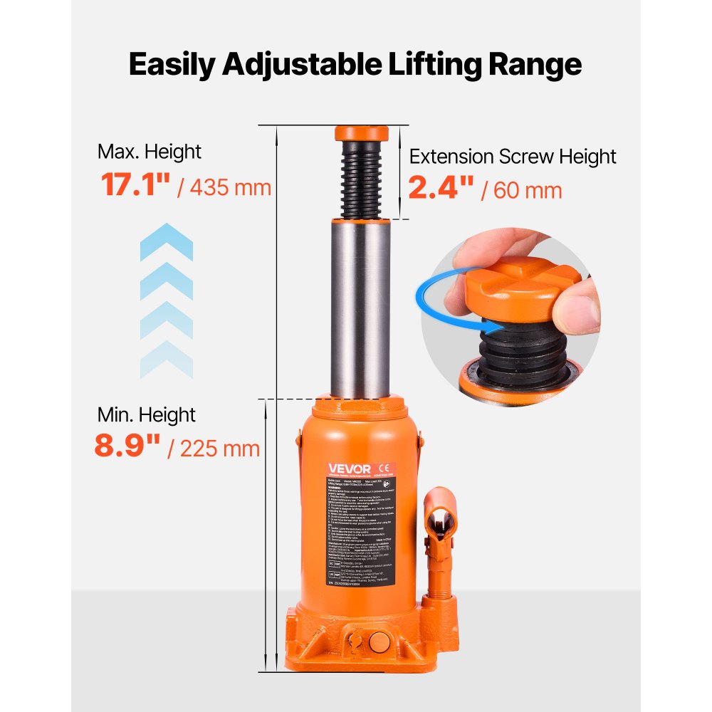 Υδραυλικός γρύλος μπουκαλιών VEVOR, χωρητικότητα φορτίου 20 τόνων (44092 λίβρες), εύρος ανύψωσης 225-435 mm, βαρέως τύπου συγκολλημένος γρύλος μπουκαλιών για αυτοκίνητα, SUV, φορτηγάκια, επισκευές αυτοκινήτων, ανελκυστήρες σπιτιού και γεωργικά μηχανήματα, πορτοκαλί Υδραυλικός γρύλος μπουκαλιών VEVOR, χωρητικότητα φορτίου 20 τόνων (44092 λίβρες), εύρος ανύψωσης 225-435 mm, βαρέως τύπου συγκολλημένος γρύλος μπουκαλιών για αυτοκίνητα, SUV, φορτηγάκια, επισκευές αυτοκινήτων, ανελκυστήρες σπιτιού και γεωργικά μηχανήματα, πορτοκαλί