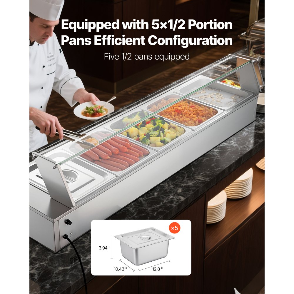 Θερμαντήρας φαγητού VEVOR Επαγγελματικός, Ηλεκτρικός θερμαντήρας φαγητού ατμού από ανοξείδωτο ατσάλι 1500W με γυάλινο κάλυμμα, Μπεν Μαρί για μπουφέ με πέντε ταψιά φαγητού 1/2 μεγέθους, για Catering, εστιατόριο, πάρτι και μπουφέδες Θερμαντήρας φαγητού VEVOR Επαγγελματικός, Ηλεκτρικός θερμαντήρας φαγητού ατμού από ανοξείδωτο ατσάλι 1500W με γυάλινο κάλυμμα, Μπεν Μαρί για μπουφέ με πέντε ταψιά φαγητού 1/2 μεγέθους, για Catering, εστιατόριο, πάρτι και μπουφέδες