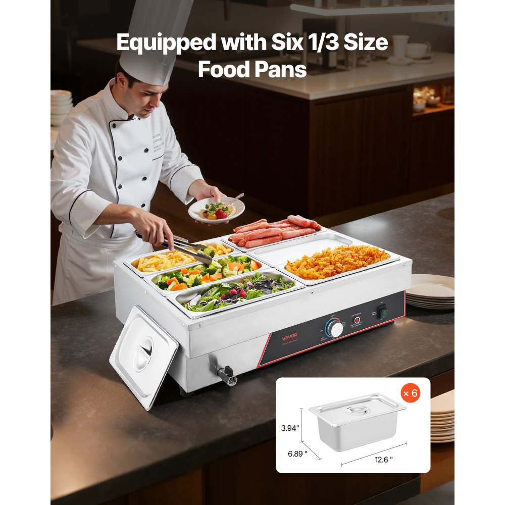 Θερμαντήρας φαγητού VEVOR Επαγγελματικός, Ηλεκτρικός θερμαντήρας φαγητού με ατμό από ανοξείδωτο ατσάλι 1500W με καπάκι, Μπεν Μαρί μπουφέ 6 θέσεων με γρήγορη θέρμανση και καλώδιο τροφοδοσίας, για Catering, εστιατόριο, πάρτι και μπουφέδες Θερμαντήρας φαγητού VEVOR Επαγγελματικός, Ηλεκτρικός θερμαντήρας φαγητού με ατμό από ανοξείδωτο ατσάλι 1500W με καπάκι, Μπεν Μαρί μπουφέ 6 θέσεων με γρήγορη θέρμανση και καλώδιο τροφοδοσίας, για Catering, εστιατόριο, πάρτι και μπουφέδες