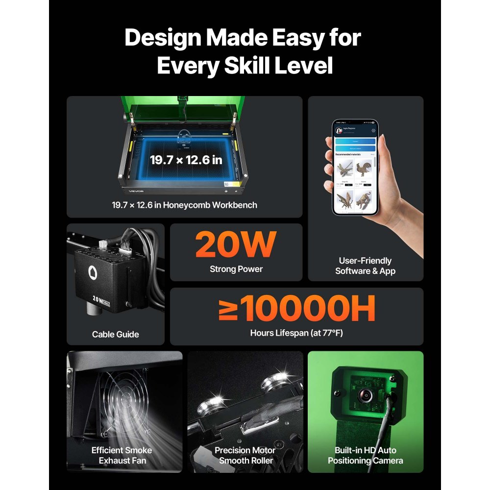 Χαρακτήρας λέιζερ VEVOR, 20W, Μηχανή χάραξης και κοπής λέιζερ με κάμερα περιβλήματος, Κόφτης λέιζερ, 36000 mm/min, Επιφάνεια εργασίας 500 x 320 mm, για ξύλο, δέρμα, γυαλί, χαρτί, ορισμένα μέταλλα, Κλάση 1 Χαρακτήρας λέιζερ VEVOR, 20W, Μηχανή χάραξης και κοπής λέιζερ με κάμερα περιβλήματος, Κόφτης λέιζερ, 36000 mm/min, Επιφάνεια εργασίας 500 x 320 mm, για ξύλο, δέρμα, γυαλί, χαρτί, ορισμένα μέταλλα, Κλάση 1