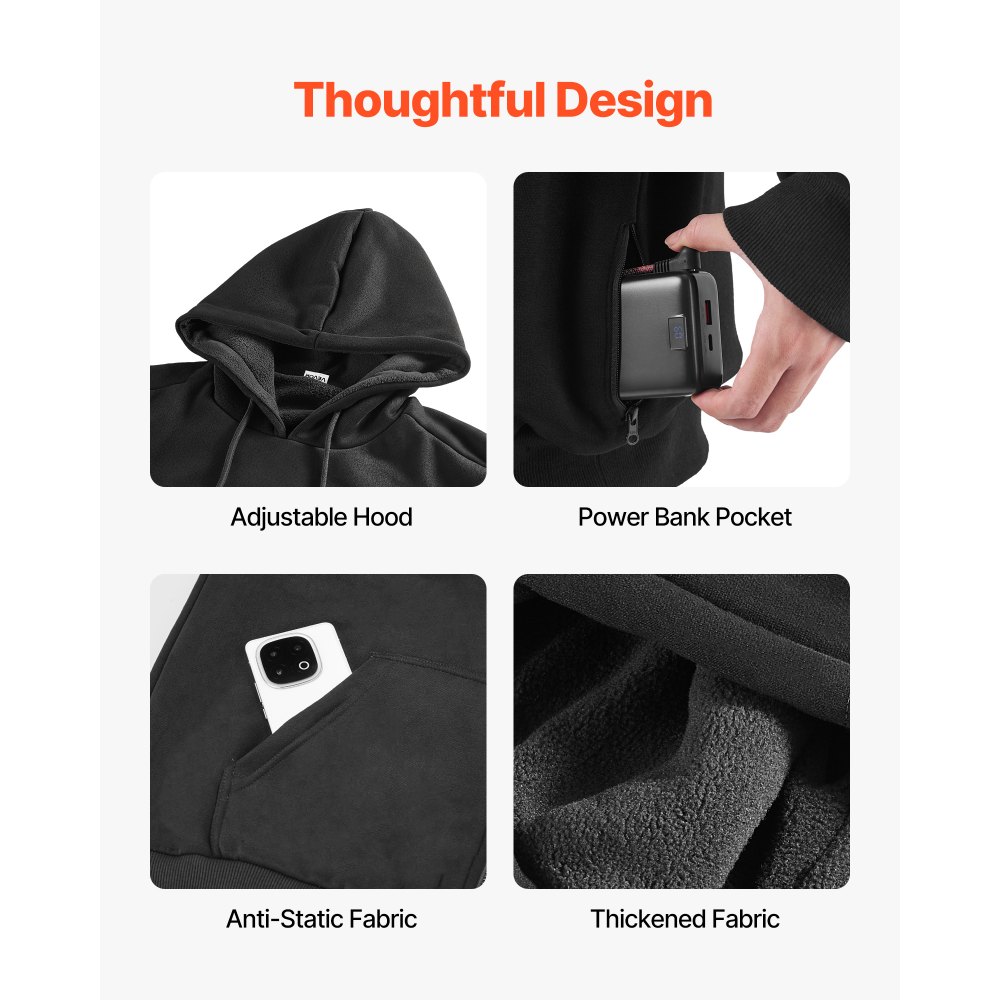 Θερμαινόμενη μπλούζα με κουκούλα VEVOR για άνδρες και γυναίκες, θερμαινόμενο μπουφάν Unisex με επαναφορτιζόμενη μπαταρία 7.4V 16000mAh, 5 ζώνες θέρμανσης, 3 επίπεδα θερμοκρασίας, ζεστασιά 4-8 ωρών, για χειμερινή κατασκήνωση σε εξωτερικούς χώρους, μαύρο Θερμαινόμενη μπλούζα με κουκούλα VEVOR για άνδρες και γυναίκες, θερμαινόμενο μπουφάν Unisex με επαναφορτιζόμενη μπαταρία 7.4V 16000mAh, 5 ζώνες θέρμανσης, 3 επίπεδα θερμοκρασίας, ζεστασιά 4-8 ωρών, για χειμερινή κατασκήνωση σε εξωτερικούς χώρους, μαύρο