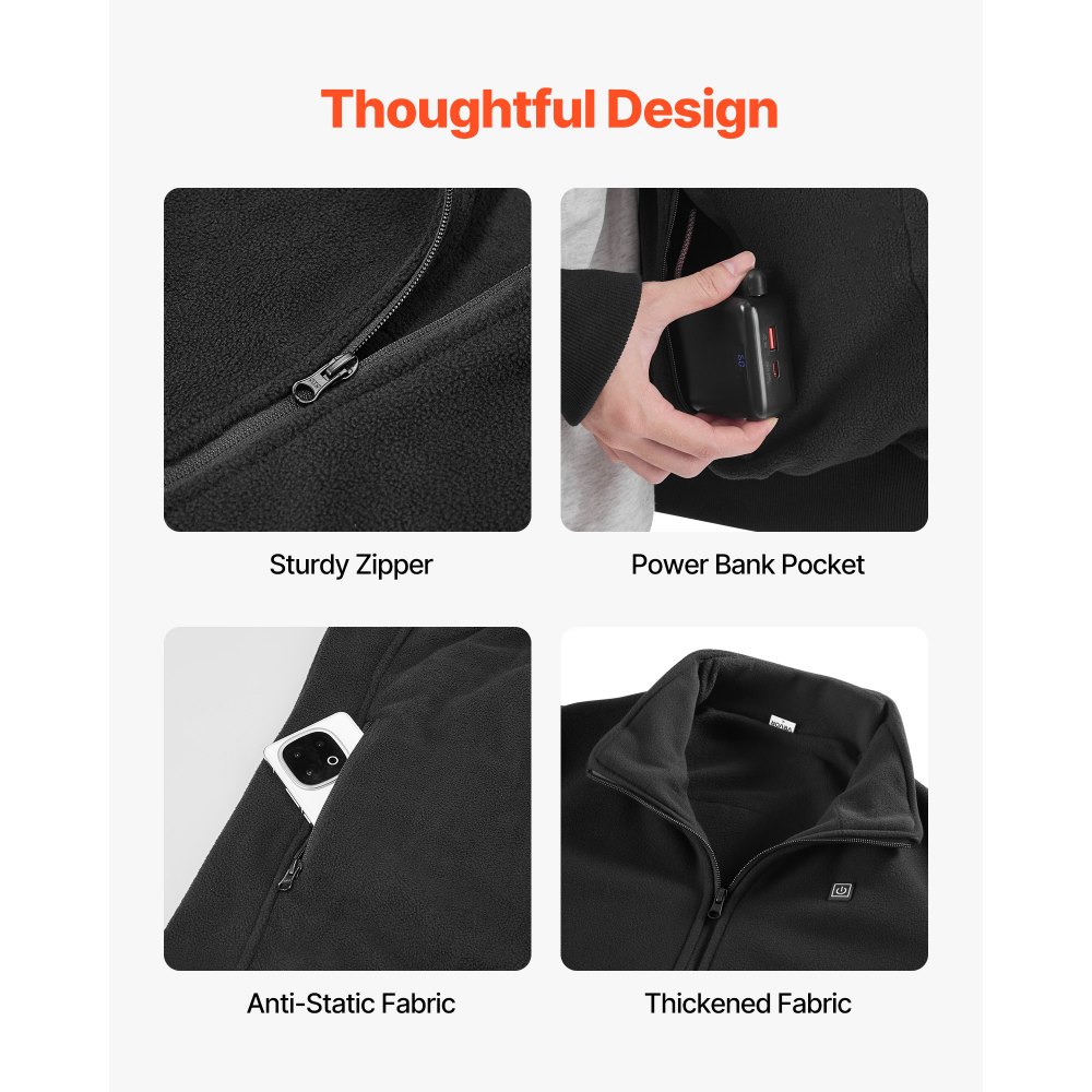 Θερμαινόμενο μπουφάν VEVOR από φλις για άνδρες, θερμαινόμενο φούτερ με επαναφορτιζόμενο τροφοδοτικό 7.4V 16000mAh, 6 ζώνες θέρμανσης, 3 επίπεδα θερμοκρασίας, ζεστασιά 3 ώρες/6 ώρες/10 ώρες, για χειμερινή κατασκήνωση σε εξωτερικούς χώρους, μαύρο Θερμαινόμενο μπουφάν VEVOR από φλις για άνδρες, θερμαινόμενο φούτερ με επαναφορτιζόμενο τροφοδοτικό 7.4V 16000mAh, 6 ζώνες θέρμανσης, 3 επίπεδα θερμοκρασίας, ζεστασιά 3 ώρες/6 ώρες/10 ώρες, για χειμερινή κατασκήνωση σε εξωτερικούς χώρους, μαύρο