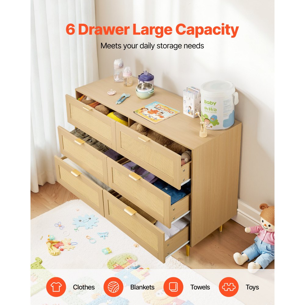 VEVOR Συρταριέρα με 6 συρτάρια από ρατάν, Διπλή συρταριέρα για υπνοδωμάτιο, Συρταριέρα από φυσικό ρατάν με μεταλλικές λαβές και πόδια, Μοντέρνα ξύλινη συρταριέρα οργάνωσης ρούχων και αποθήκευσης για υπνοδωμάτιο, σαλόνι, διάδρομο VEVOR Συρταριέρα με 6 συρτάρια από ρατάν, Διπλή συρταριέρα για υπνοδωμάτιο, Συρταριέρα από φυσικό ρατάν με μεταλλικές λαβές και πόδια, Μοντέρνα ξύλινη συρταριέρα οργάνωσης ρούχων και αποθήκευσης για υπνοδωμάτιο, σαλόνι, διάδρομο