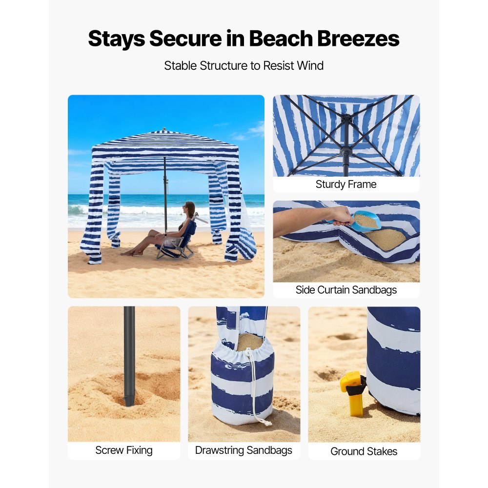 VEVOR Καμπάνα Παραλίας, Σκηνή Παραλίας 1,83 x 1,83 μ. με Πλευρικό Τοίχωμα, Προστασία UPF 50+, Εύκολη Εγκατάσταση Σκηνής Καμπάνα με Θήκες Άμμου, Φορητή Ομπρέλα Σκίασης για Όλη την Οικογένεια & Φίλους, Ρίγες Ναυτικού VEVOR Καμπάνα Παραλίας, Σκηνή Παραλίας 1,83 x 1,83 μ. με Πλευρικό Τοίχωμα, Προστασία UPF 50+, Εύκολη Εγκατάσταση Σκηνής Καμπάνα με Θήκες Άμμου, Φορητή Ομπρέλα Σκίασης για Όλη την Οικογένεια & Φίλους, Ρίγες Ναυτικού