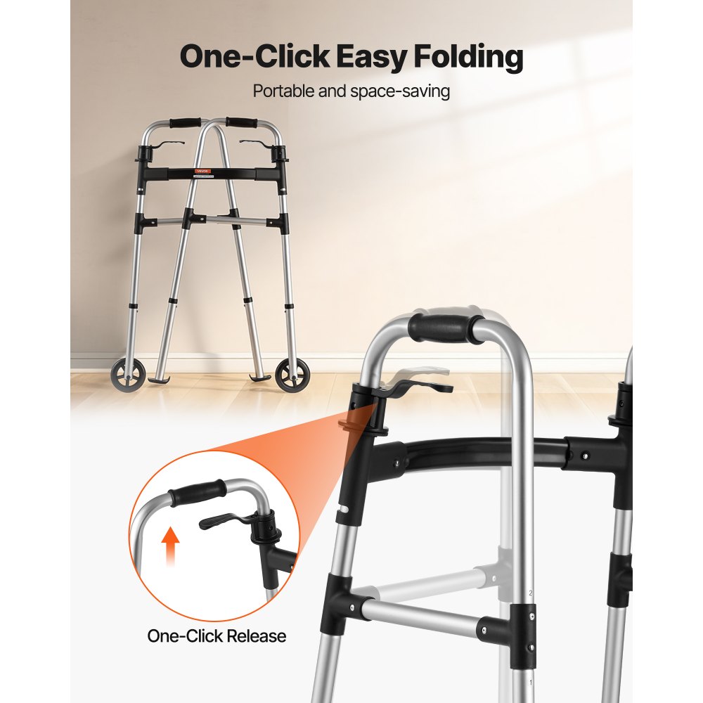 Πτυσσόμενος περιπατητήρας VEVOR, Πτυσσόμενος περιπατητήρας 2 κουμπιών με συμπαγείς τροχούς και ρυθμιζόμενο ύψος 8 επιπέδων, Ελαφρύ βοήθημα βαδίσματος αλουμινίου με δυνατότητα φόρτωσης 159 κιλών, Περιπατητήρες με ρολό στους μπροστινούς τροχούς για ηλικιωμένους και ενήλικες Πτυσσόμενος περιπατητήρας VEVOR, Πτυσσόμενος περιπατητήρας 2 κουμπιών με συμπαγείς τροχούς και ρυθμιζόμενο ύψος 8 επιπέδων, Ελαφρύ βοήθημα βαδίσματος αλουμινίου με δυνατότητα φόρτωσης 159 κιλών, Περιπατητήρες με ρολό στους μπροστινούς τροχούς για ηλικιωμένους και ενήλικες