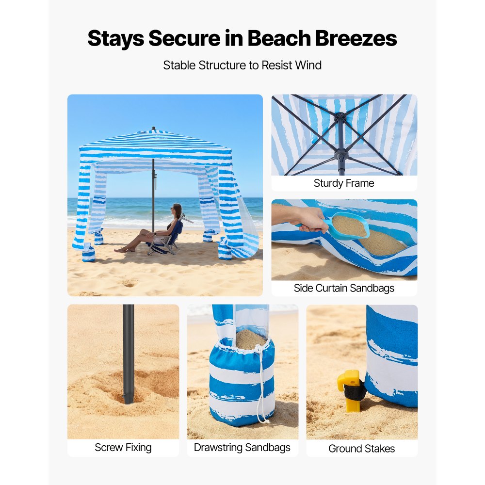 VEVOR Καμπάνα Παραλίας, Σκηνή Παραλίας 1,83 x 1,83 μ. με Πλευρικό Τοίχωμα, Προστασία UPF 50+, Εύκολη Εγκατάσταση Σκηνής Καμπάνα με Θήκες Άμμου, Φορητή Ομπρέλα Σκίασης για Όλη την Οικογένεια & Φίλους, Μπλε Ρίγες VEVOR Καμπάνα Παραλίας, Σκηνή Παραλίας 1,83 x 1,83 μ. με Πλευρικό Τοίχωμα, Προστασία UPF 50+, Εύκολη Εγκατάσταση Σκηνής Καμπάνα με Θήκες Άμμου, Φορητή Ομπρέλα Σκίασης για Όλη την Οικογένεια & Φίλους, Μπλε Ρίγες