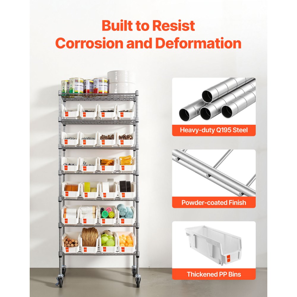 VEVOR Ράφι Αποθήκευσης Κάδων 7 Επιπέδων με Κυλιόμενους Κάδους, 24 Μικροί Κάδοι, Σύστημα Ραφιών από Χαλύβδινο Σύρμα με Ρόδες, Κινητός Οργανωτής Εργαλείων για Γκαράζ, Αποθήκη, Γραφείο, Εστιατόριο, Τάξη, Κουζίνα VEVOR Ράφι Αποθήκευσης Κάδων 7 Επιπέδων με Κυλιόμενους Κάδους, 24 Μικροί Κάδοι, Σύστημα Ραφιών από Χαλύβδινο Σύρμα με Ρόδες, Κινητός Οργανωτής Εργαλείων για Γκαράζ, Αποθήκη, Γραφείο, Εστιατόριο, Τάξη, Κουζίνα