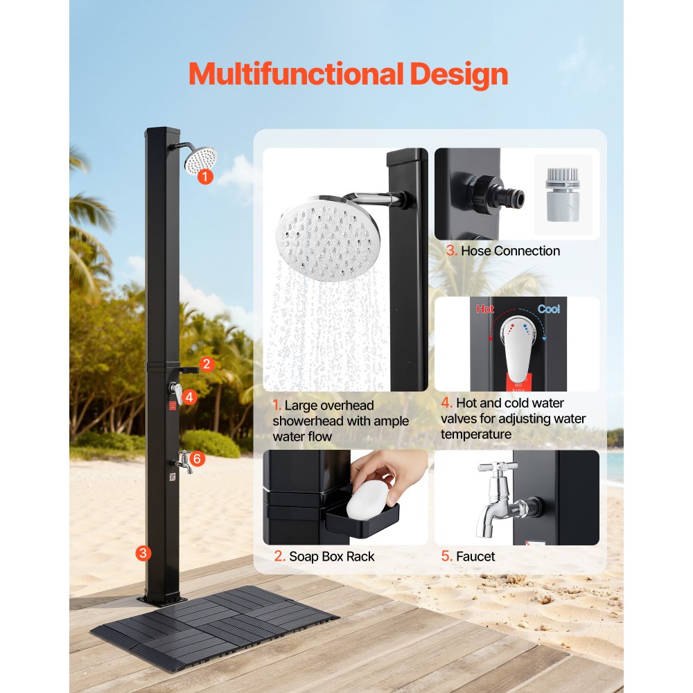 VEVOR 35L Ηλιακό Θερμαινόμενο Ντους, Εξωτερικό Ντους με Ύψος Κεφαλής Ντους 195cm, με Κιτ Δαπέδου & Ποδαρικό, Ρύθμιση Ζεστού & Κρύου Νερού, Ελεύθερο για Πισίνα Παραλίας και Αυλής, Μαύρο VEVOR 35L Ηλιακό Θερμαινόμενο Ντους, Εξωτερικό Ντους με Ύψος Κεφαλής Ντους 195cm, με Κιτ Δαπέδου & Ποδαρικό, Ρύθμιση Ζεστού & Κρύου Νερού, Ελεύθερο για Πισίνα Παραλίας και Αυλής, Μαύρο