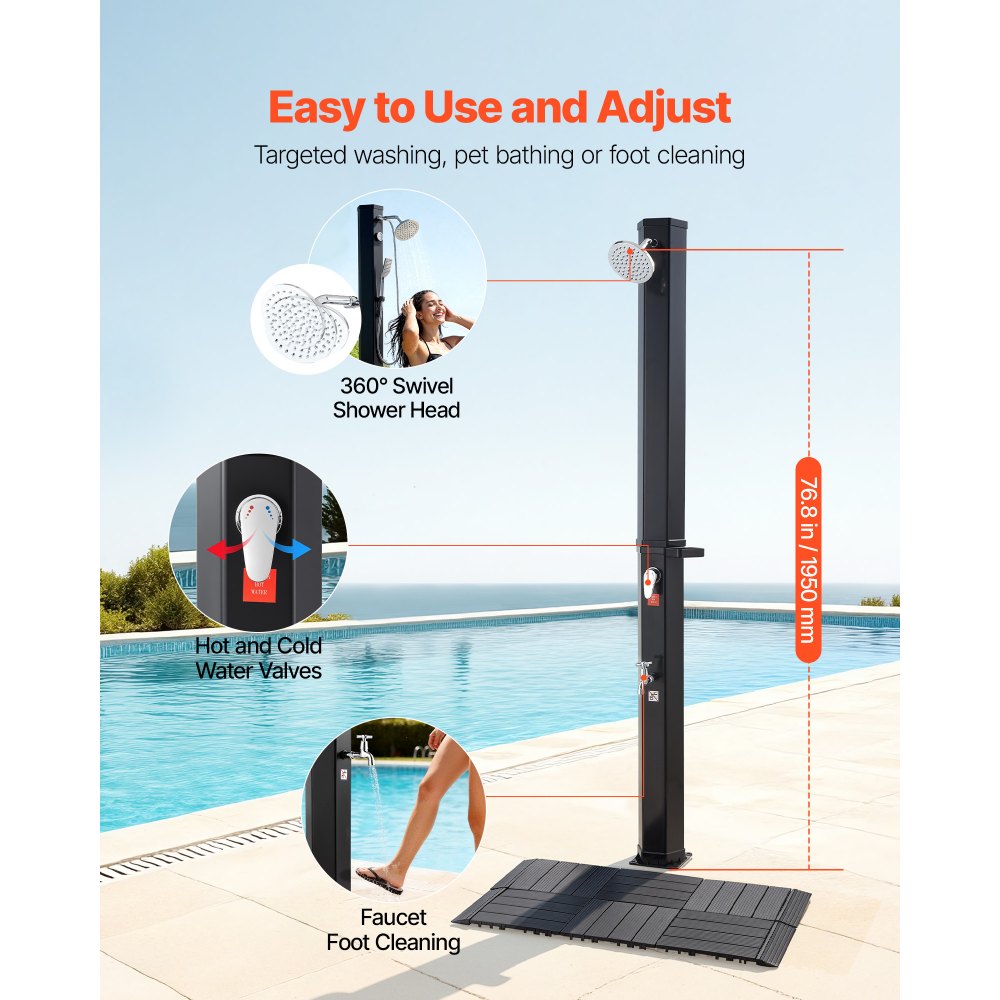 VEVOR 35L Ηλιακό Θερμαινόμενο Ντους, Εξωτερικό Ντους με Ύψος Κεφαλής Ντους 195cm, με Κιτ Δαπέδου & Ποδαρικό, Ρύθμιση Ζεστού & Κρύου Νερού, Ελεύθερο για Πισίνα Παραλίας και Αυλής, Μαύρο VEVOR 35L Ηλιακό Θερμαινόμενο Ντους, Εξωτερικό Ντους με Ύψος Κεφαλής Ντους 195cm, με Κιτ Δαπέδου & Ποδαρικό, Ρύθμιση Ζεστού & Κρύου Νερού, Ελεύθερο για Πισίνα Παραλίας και Αυλής, Μαύρο