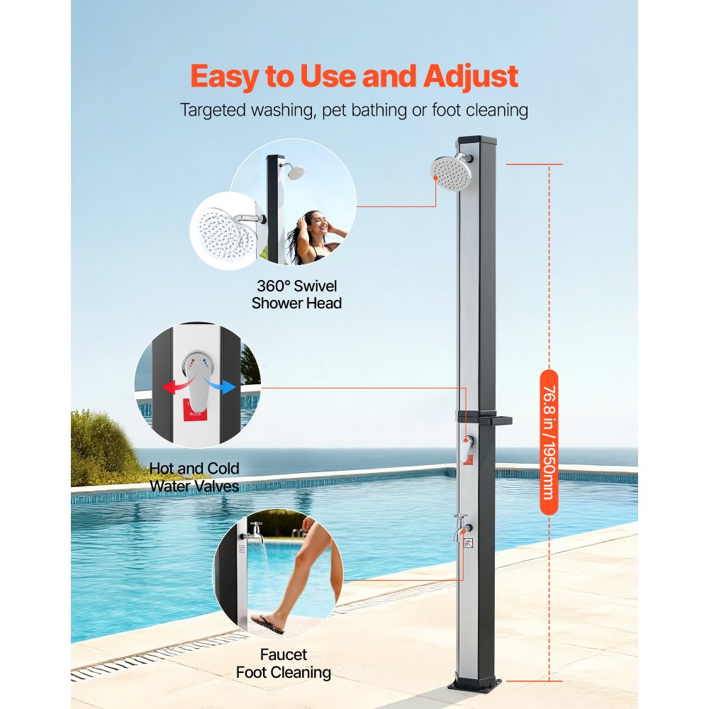 VEVOR 35L Ηλιακό Θερμαινόμενο Ντους, Εξωτερικό Ντους με Ύψος Κεφαλής Ντους 195cm, με Ποδόλουτρο & Στήριγμα Σαπουνοθήκης, Ρύθμιση Ζεστού & Κρύου Νερού, Ελεύθερο για Πισίνα Παραλίας, Μαύρο Ασημί VEVOR 35L Ηλιακό Θερμαινόμενο Ντους, Εξωτερικό Ντους με Ύψος Κεφαλής Ντους 195cm, με Ποδόλουτρο & Στήριγμα Σαπουνοθήκης, Ρύθμιση Ζεστού & Κρύου Νερού, Ελεύθερο για Πισίνα Παραλίας, Μαύρο Ασημί