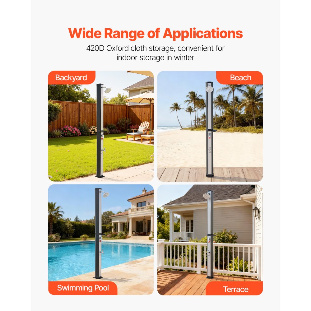 VEVOR 35L Ηλιακό Θερμαινόμενο Ντους, Εξωτερικό Ντους με Ύψος Κεφαλής Ντους 195cm, με Ποδόλουτρο & Στήριγμα Σαπουνοθήκης, Ρύθμιση Ζεστού & Κρύου Νερού, Ελεύθερο για Πισίνα Παραλίας, Μαύρο Ασημί VEVOR 35L Ηλιακό Θερμαινόμενο Ντους, Εξωτερικό Ντους με Ύψος Κεφαλής Ντους 195cm, με Ποδόλουτρο & Στήριγμα Σαπουνοθήκης, Ρύθμιση Ζεστού & Κρύου Νερού, Ελεύθερο για Πισίνα Παραλίας, Μαύρο Ασημί