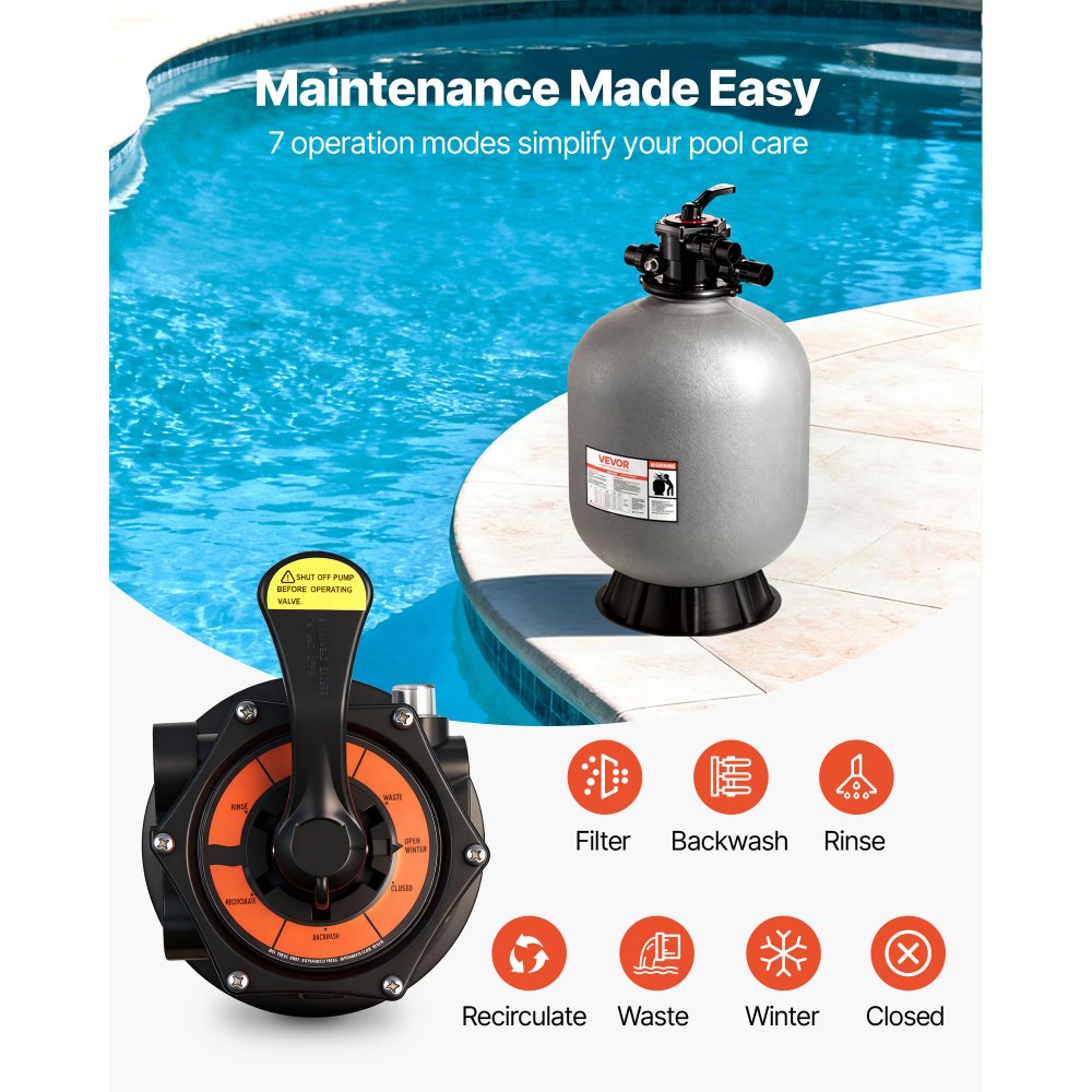 Φίλτρο άμμου VEVOR, 609,6 mm, 246,1 LPM Σύστημα φίλτρου άμμου για πισίνα πάνω από το έδαφος, με βαλβίδα πολλαπλών θυρών 7 κατευθύνσεων, αντίστροφη πλύση, ξέβγαλμα, ανακυκλοφορία, απόβλητα, χειμώνας, κλειστές λειτουργίες, για πισίνα πάνω από το έδαφος Φίλτρο άμμου VEVOR, 609,6 mm, 246,1 LPM Σύστημα φίλτρου άμμου για πισίνα πάνω από το έδαφος, με βαλβίδα πολλαπλών θυρών 7 κατευθύνσεων, αντίστροφη πλύση, ξέβγαλμα, ανακυκλοφορία, απόβλητα, χειμώνας, κλειστές λειτουργίες, για πισίνα πάνω από το έδαφος