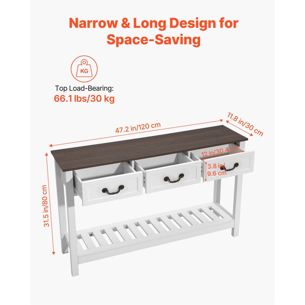 Τραπέζι κονσόλας VEVOR 120 cm, Γραφείο αγροικίας πίσω από τον καναπέ με συρτάρια και κάτω ράφι αποθήκευσης, Ξύλινο ορθογώνιο στενό τραπέζι καναπέ εισόδου για διάδρομο, υπνοδωμάτιο, σαλόνι, φουαγιέ, καφέ + λευκό Τραπέζι κονσόλας VEVOR 120 cm, Γραφείο αγροικίας πίσω από τον καναπέ με συρτάρια και κάτω ράφι αποθήκευσης, Ξύλινο ορθογώνιο στενό τραπέζι καναπέ εισόδου για διάδρομο, υπνοδωμάτιο, σαλόνι, φουαγιέ, καφέ + λευκό