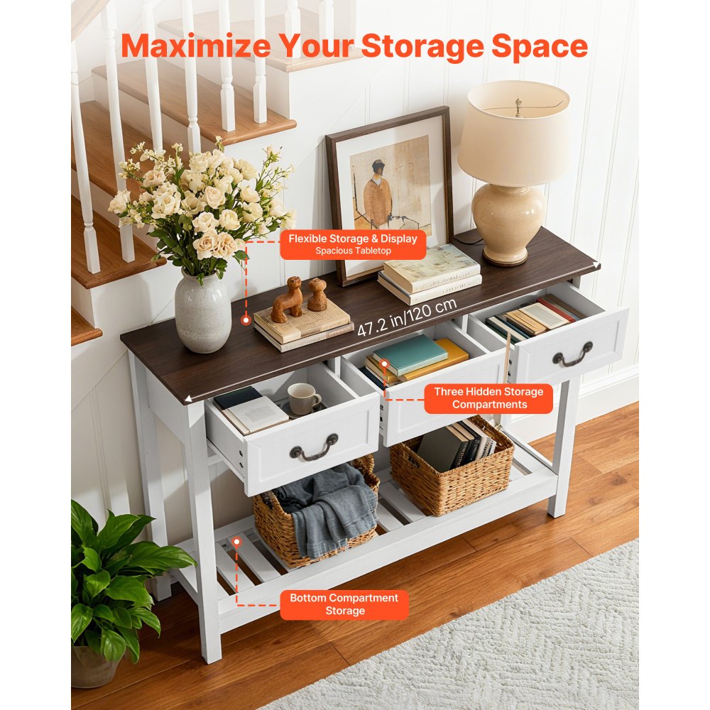 Τραπέζι κονσόλας VEVOR 120 cm, Γραφείο αγροικίας πίσω από τον καναπέ με συρτάρια και κάτω ράφι αποθήκευσης, Ξύλινο ορθογώνιο στενό τραπέζι καναπέ εισόδου για διάδρομο, υπνοδωμάτιο, σαλόνι, φουαγιέ, καφέ + λευκό Τραπέζι κονσόλας VEVOR 120 cm, Γραφείο αγροικίας πίσω από τον καναπέ με συρτάρια και κάτω ράφι αποθήκευσης, Ξύλινο ορθογώνιο στενό τραπέζι καναπέ εισόδου για διάδρομο, υπνοδωμάτιο, σαλόνι, φουαγιέ, καφέ + λευκό