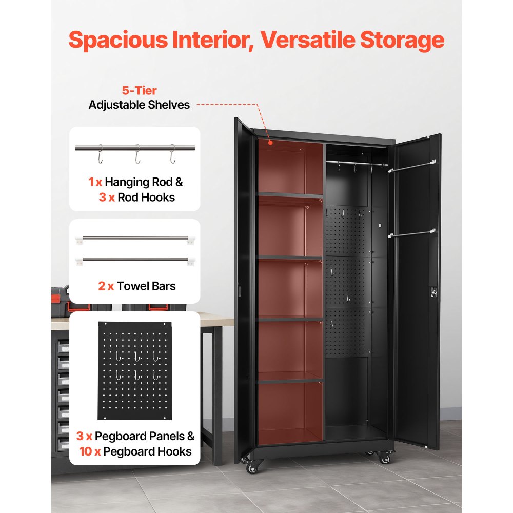 Μεταλλικό ντουλάπι αποθήκευσης VEVOR, ντουλάπι γκαράζ από χάλυβα 179,5 cm με ρυθμιζόμενα ράφια, 2 μαγνητικές πόρτες, κρεμαστή ράβδο και 3 γάντζους ράβδων, 5 επίπεδα αποθήκευσης εργαλείων με κλειδαριά για ντουλάπι, αποθήκη, υπόγειο Μεταλλικό ντουλάπι αποθήκευσης VEVOR, ντουλάπι γκαράζ από χάλυβα 179,5 cm με ρυθμιζόμενα ράφια, 2 μαγνητικές πόρτες, κρεμαστή ράβδο και 3 γάντζους ράβδων, 5 επίπεδα αποθήκευσης εργαλείων με κλειδαριά για ντουλάπι, αποθήκη, υπόγειο